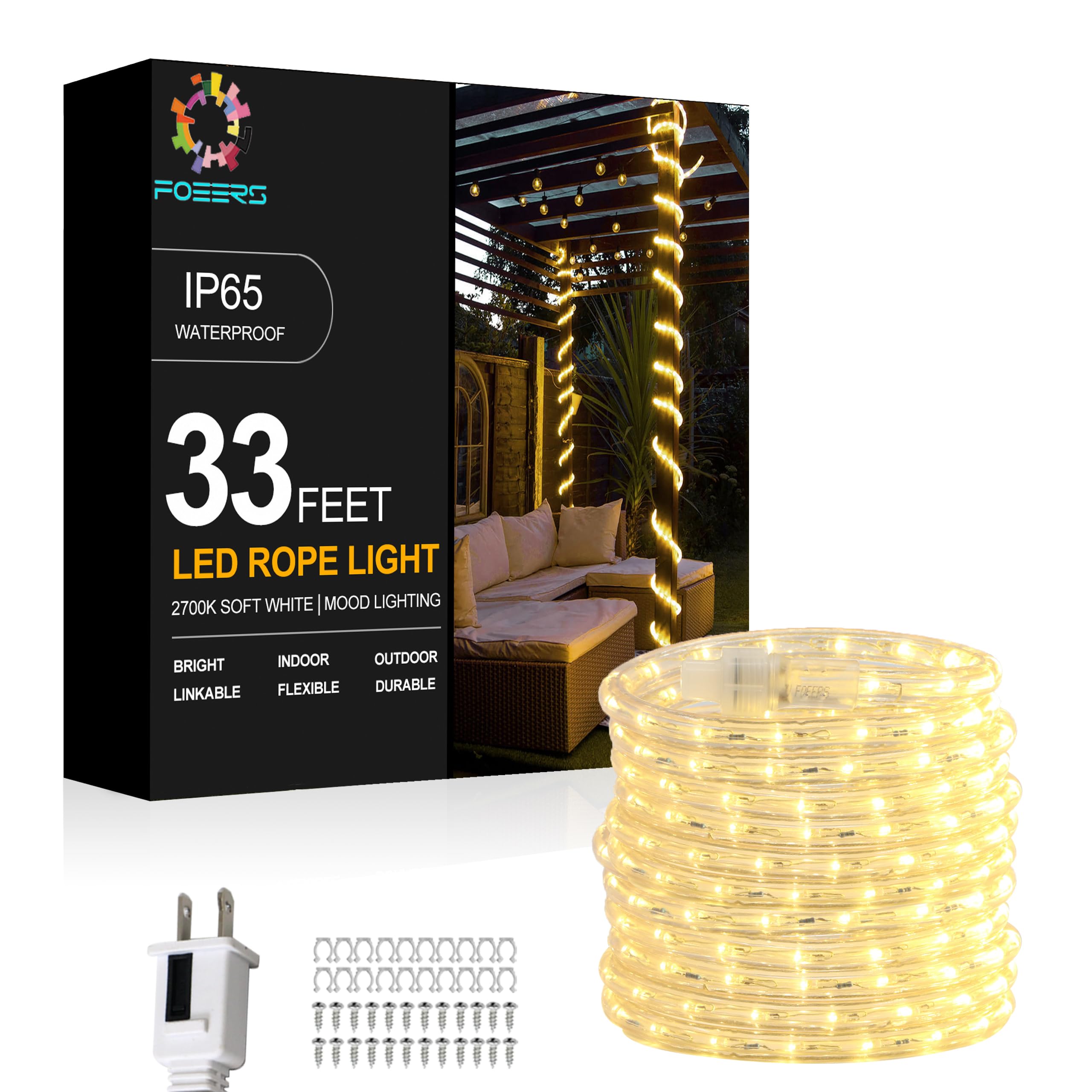 Foeers 10M 360 Led 110V Rope Lights 33Ft Outdoor Wedding Christmas Holiday Decoration Lights (Warm White)