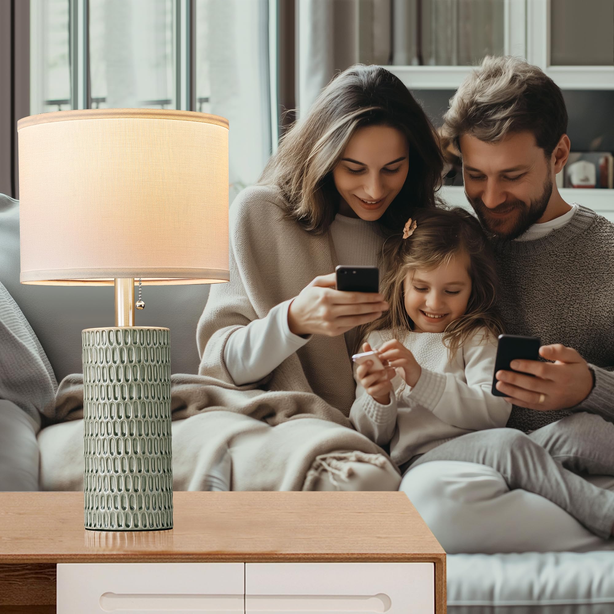 Reaketon Ceramic Table Lamp Set Of 2, 20'' Modern Bedside Lamps For Living Room, Bedroom & Home Office - Pull Chain Nightstand L