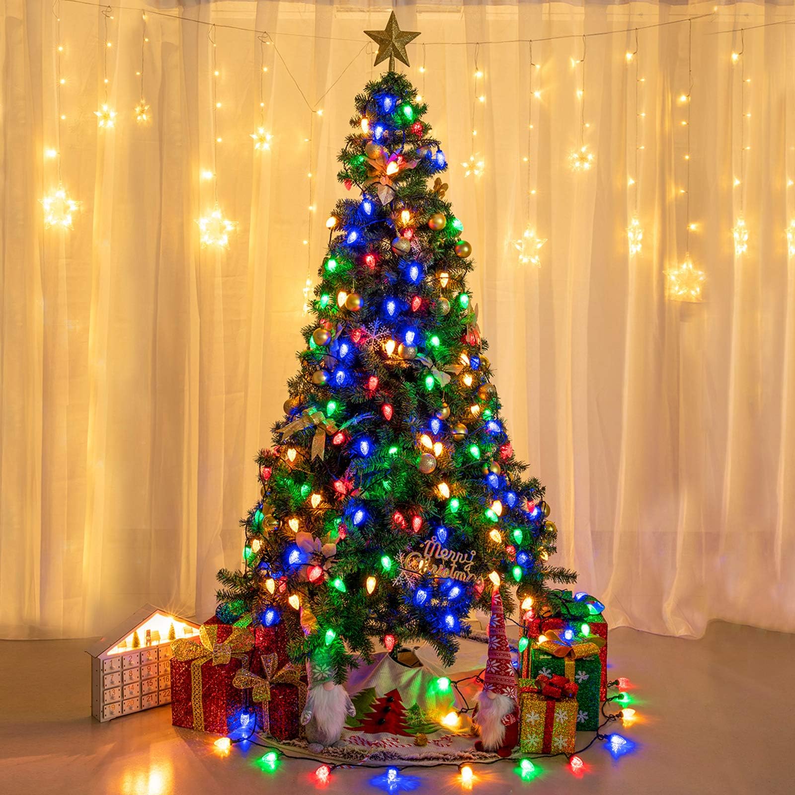 AWQ C9 Christmas String Lights, 200LED, 49FT, Multicolor, Waterproof, 8 Modes, Indoor/Outdoor, Model SC-S-200-A-A-D18