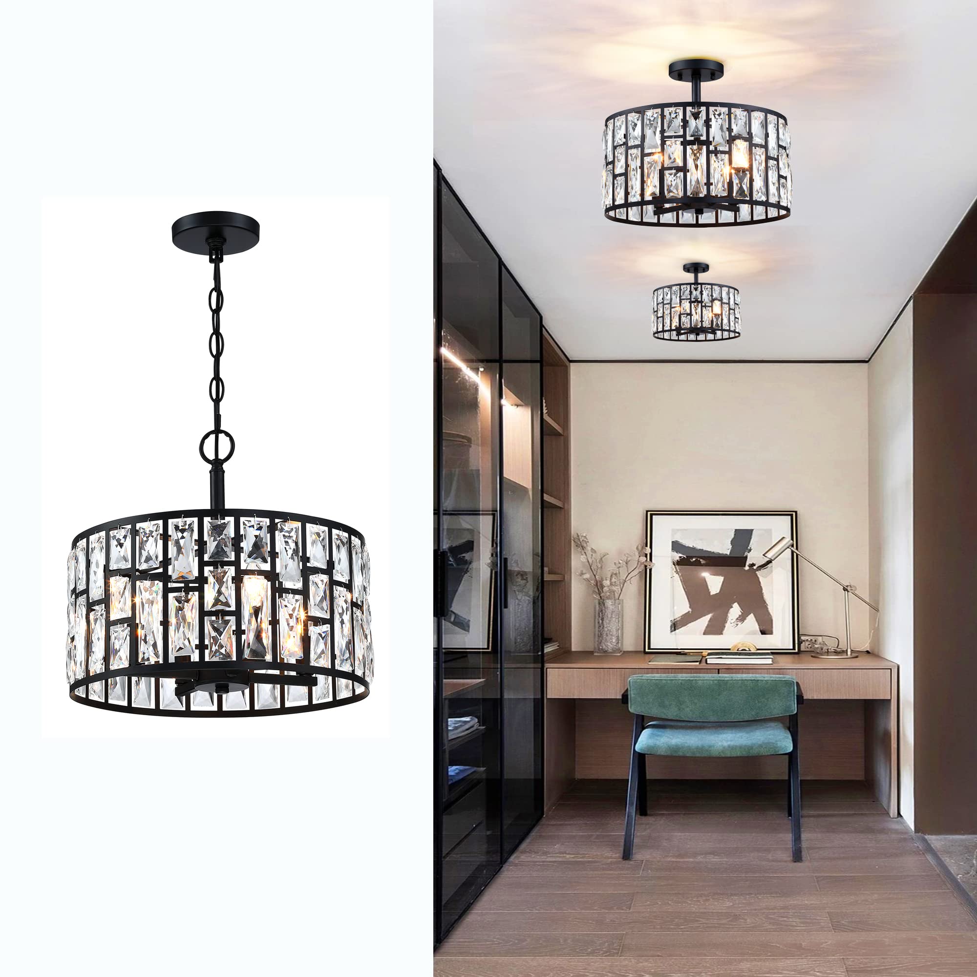 Mexo Farmhouse Black 4-Light Crystal Chandelier & Pendant Lighting For Kitchen & Dining Room