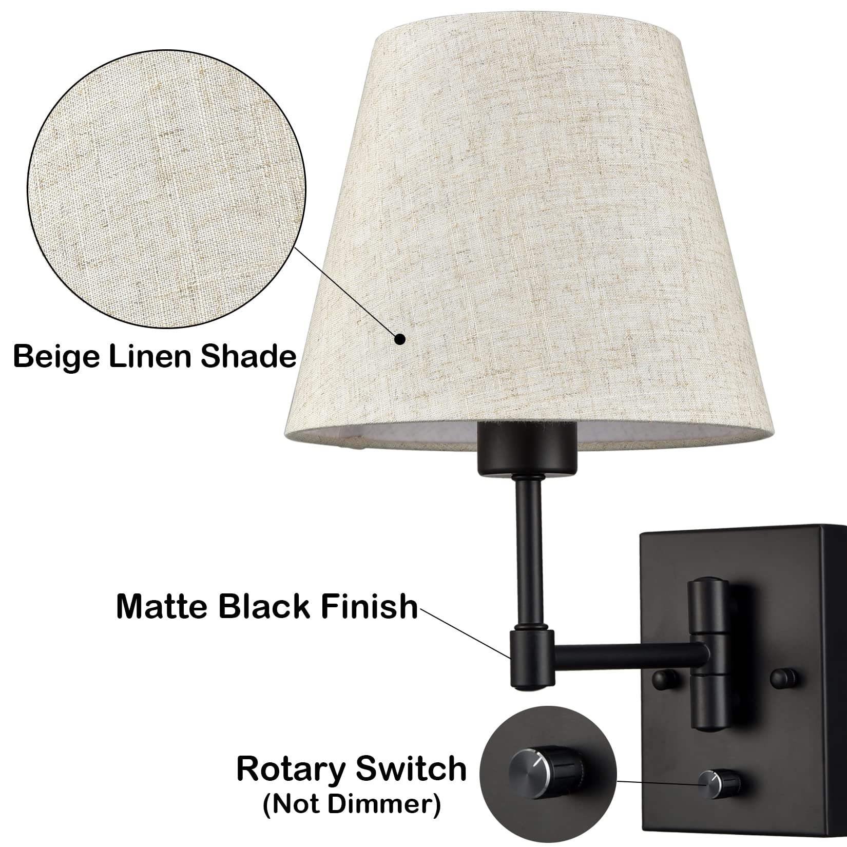 SAMTEEN Modern Black Swing Arm Wall Sconce Light Set of Two, Plug-in Metal Lamps for Bedroom, Foyer, Living Room - Model T3073BU-BK2-C-2