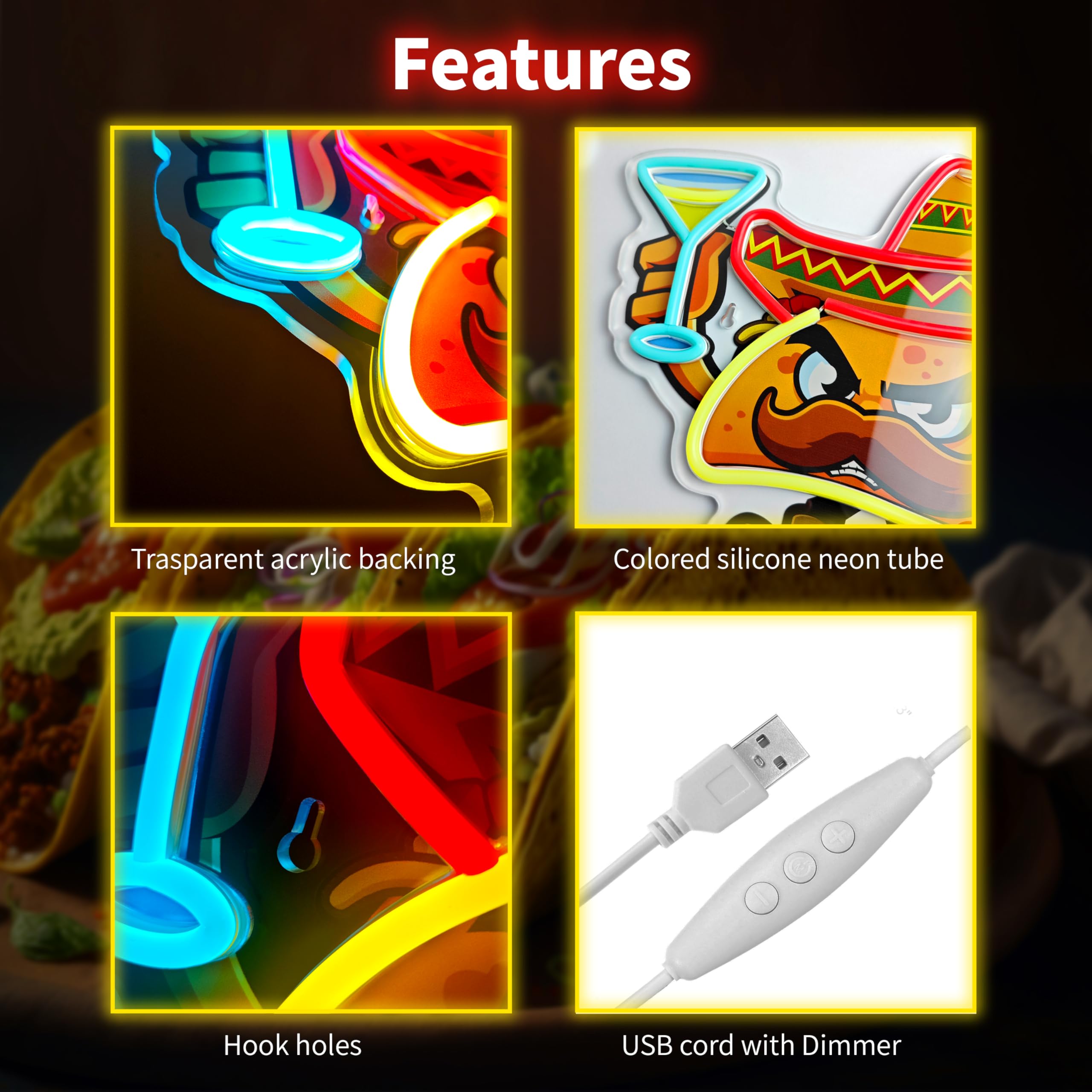 Tacos Neon Sign for Wall Decor,Dimmable Led Tacos Neon Light for Mexican Restaurant Decor Mexican Burritos Led Light Neon Light