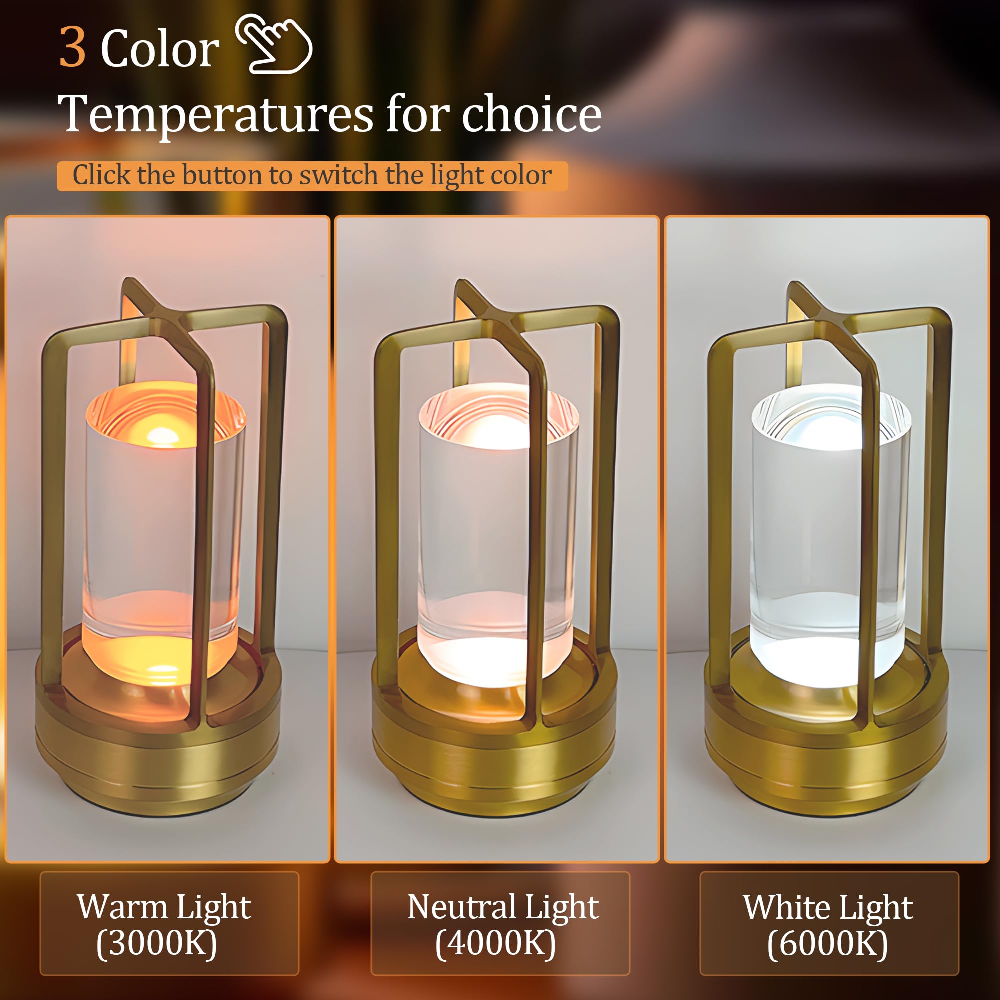 Etosec Portable Metal Table Lamp, Rechargeable, Touch Control, 3 Color Dimming, 3.54in W x 7.09in H, Gold, Model: crystallamp-