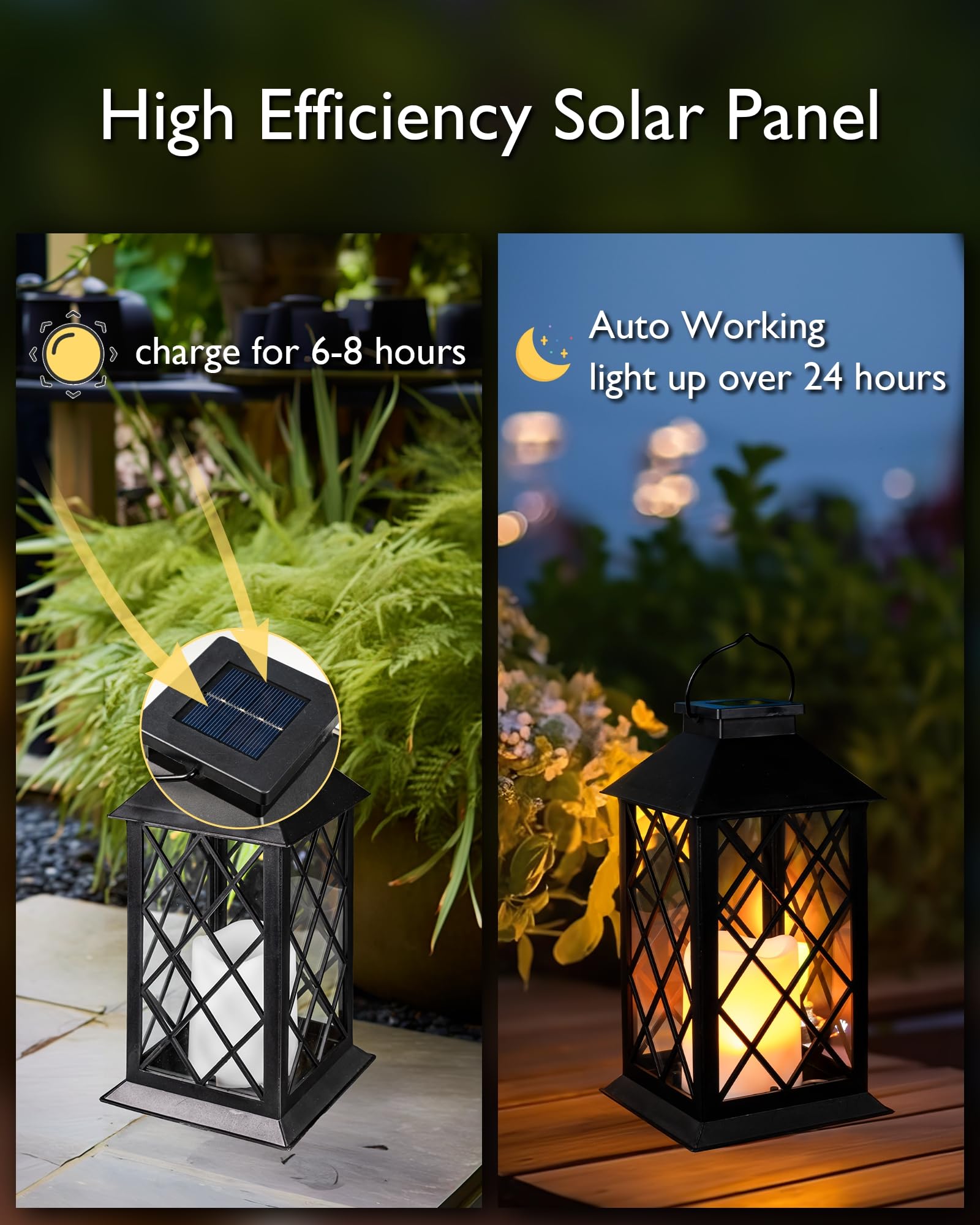 Homemory Solar Lanterns - 2 Pack Outdoor Waterproof Hanging Lanterns with Flameless Candles, 13'' Black Heavy-Duty ABS & Glass