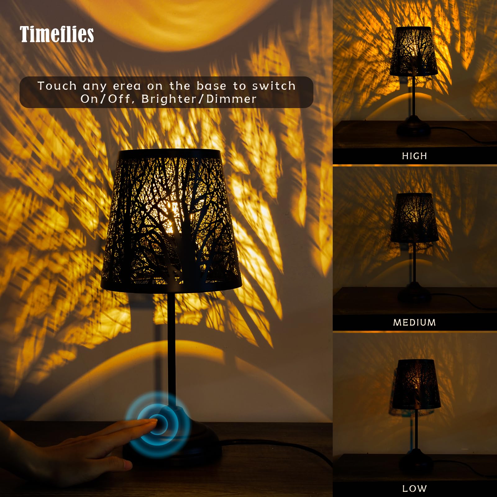 Timeflies 2 Pack Table Lamp With Dimmer, 3 Levels Dimmable Touch Lamps For Nightstand, Touch Switch Shadow Black Table Lamp For