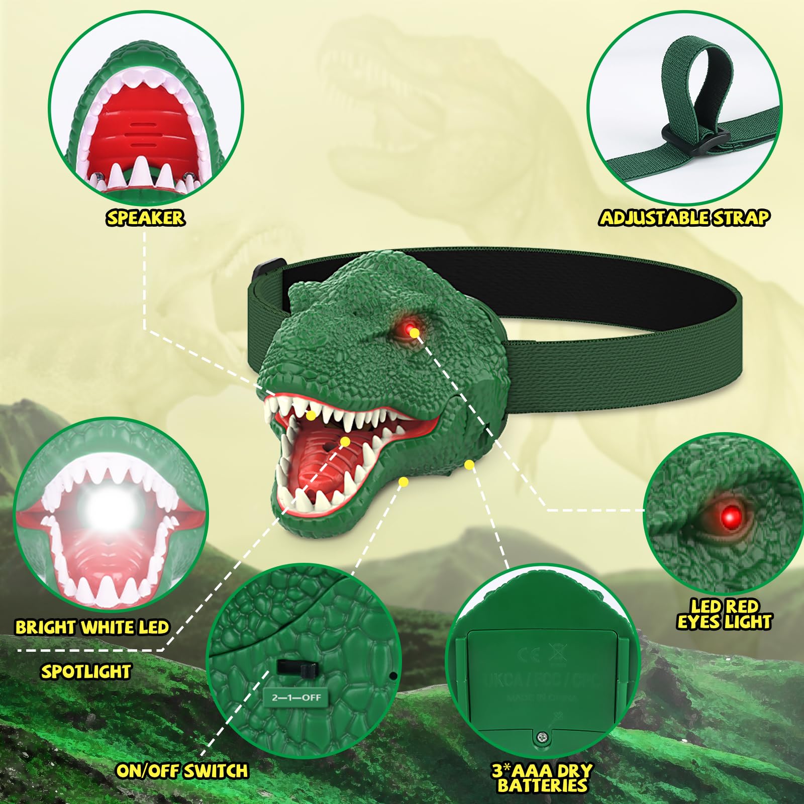 Nitigo Dinosaur Headlamp - T-Rex LED Flashlight for Kids 3-8, Green Plastic, Roar & Silent Mode, Perfect Camping Gear & Gifts