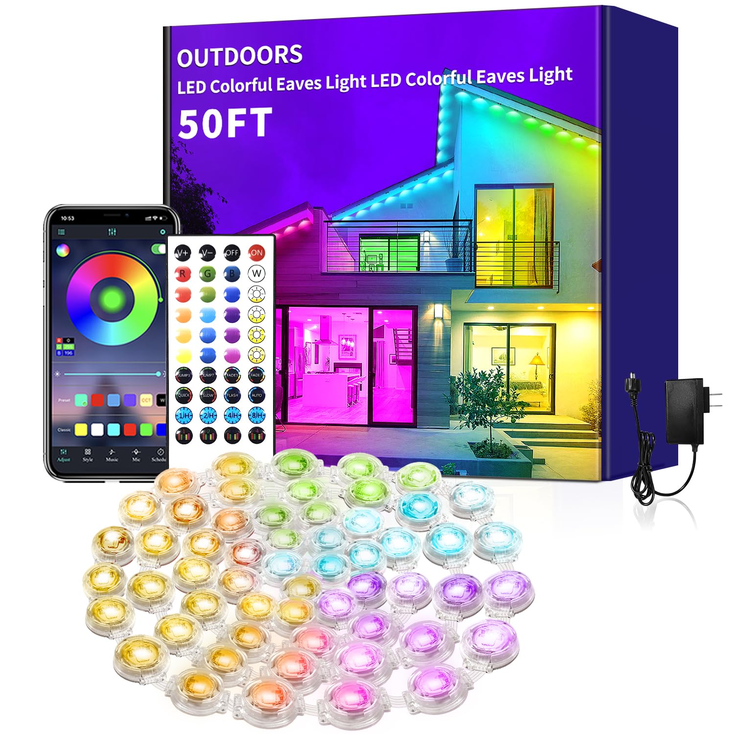 Yocrostar Permanent Outdoor Lights,50ft RGB Eave with App Control Remote,IP67 Waterproof LED Lights,Music Sync Outside Light for