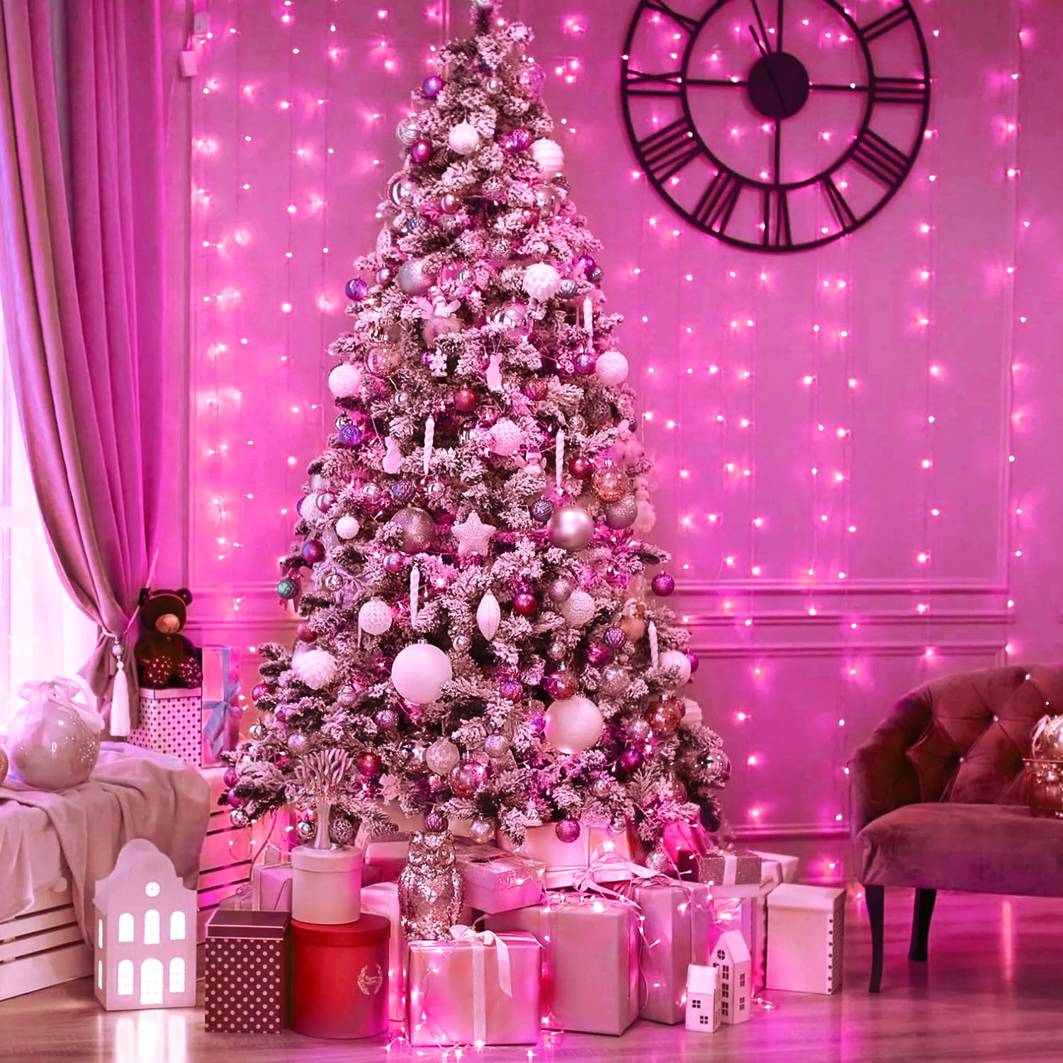 Jmexsuss 300 Led Remote Control Pink Curtain Lights, 8 Modes Pink Christmas Lights Indoor, Pink String Lights For Bedroom Window Wall Party Backdrop Valentine Xmas Decorations (9.8X9.8Ft)