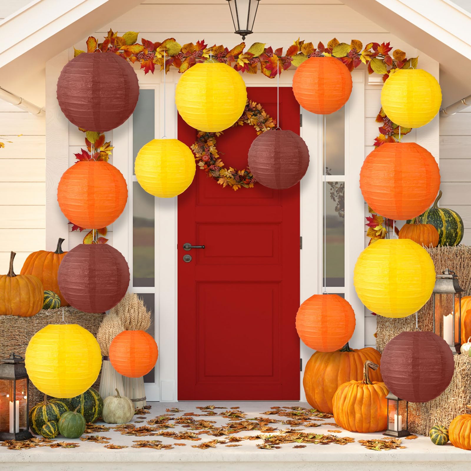 Chuangdi 12 Pcs Thanksgiving Paper Lanterns Decorations Fall Paper Lanterns Thanksgiving Hanging Yellow Orange Brown Party Decoration For Harvest Theme Birthday Indoor Outdoor