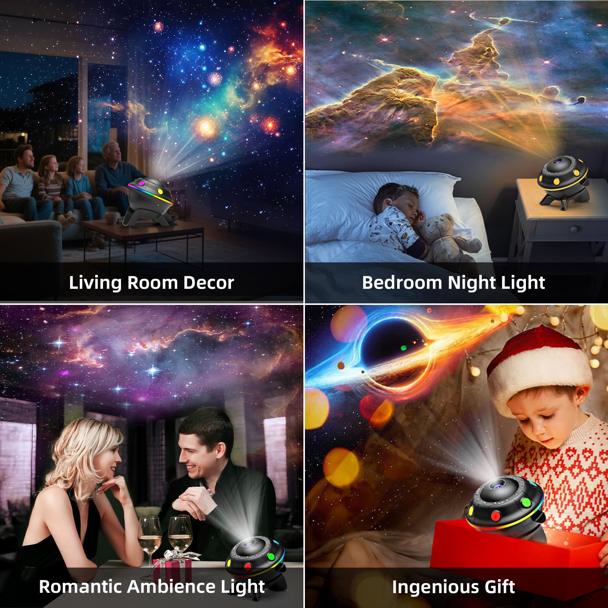 FlyEagle UFO Galaxy Projector - 12 HD Film Discs, Bluetooth Speaker, Timer, Gray, Model BL-E03