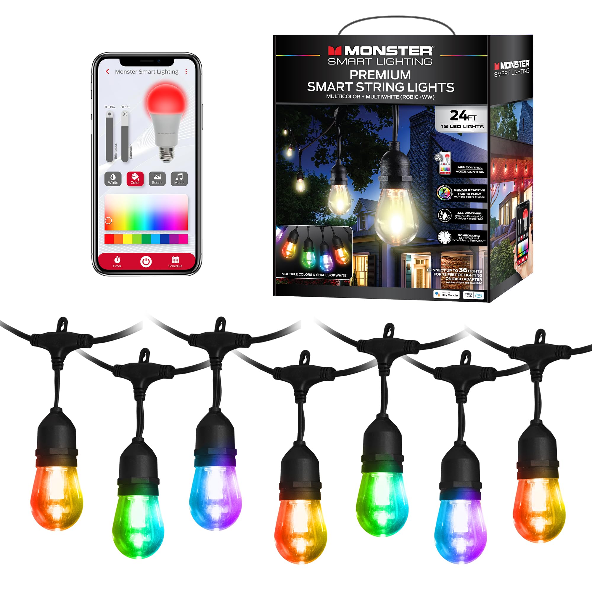 Monster 24 Foot Premium Outdoor Smart Rgb+Ic+Ww String Lights, 12 Bulb Individually Controlled Dimmable Leds, Sound Reactive, Wa