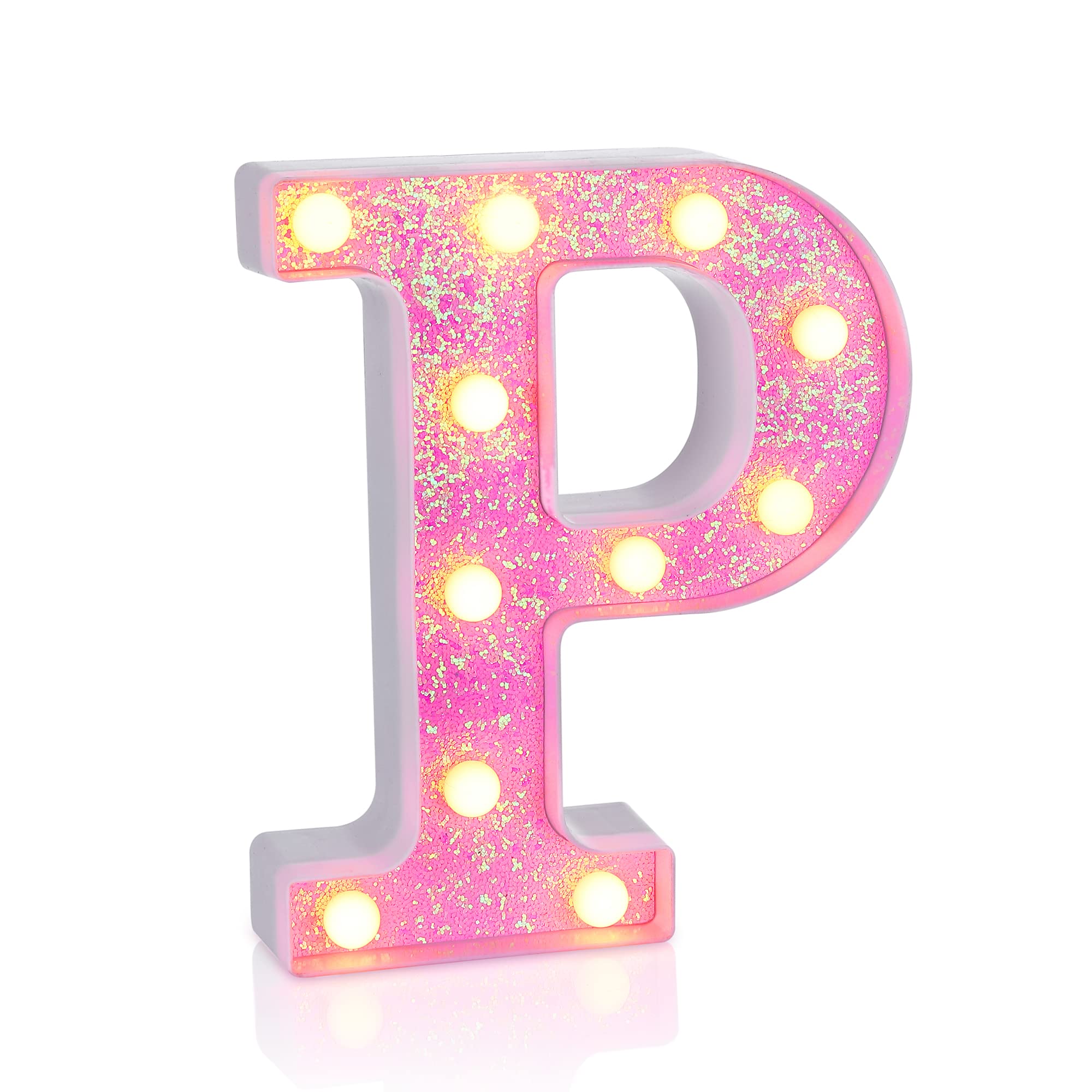 Foaky LED Letter Lights Sign Light Up Pink Letters Glitter Alphabet Letter Sign for Night Light Wedding/Birthday Party Battery Powered Christmas Lamp Girls Gifts Home Bar Decoration(P)