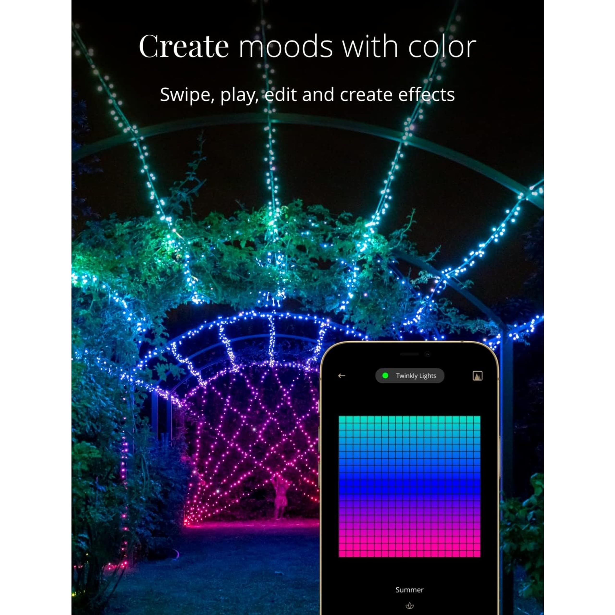 Twinkly 400 LED RGB+White Light String, 105ft Smart Outdoor/Indoor Lights, Mappable, Compatible with Alexa & Google Home, Green Wire
