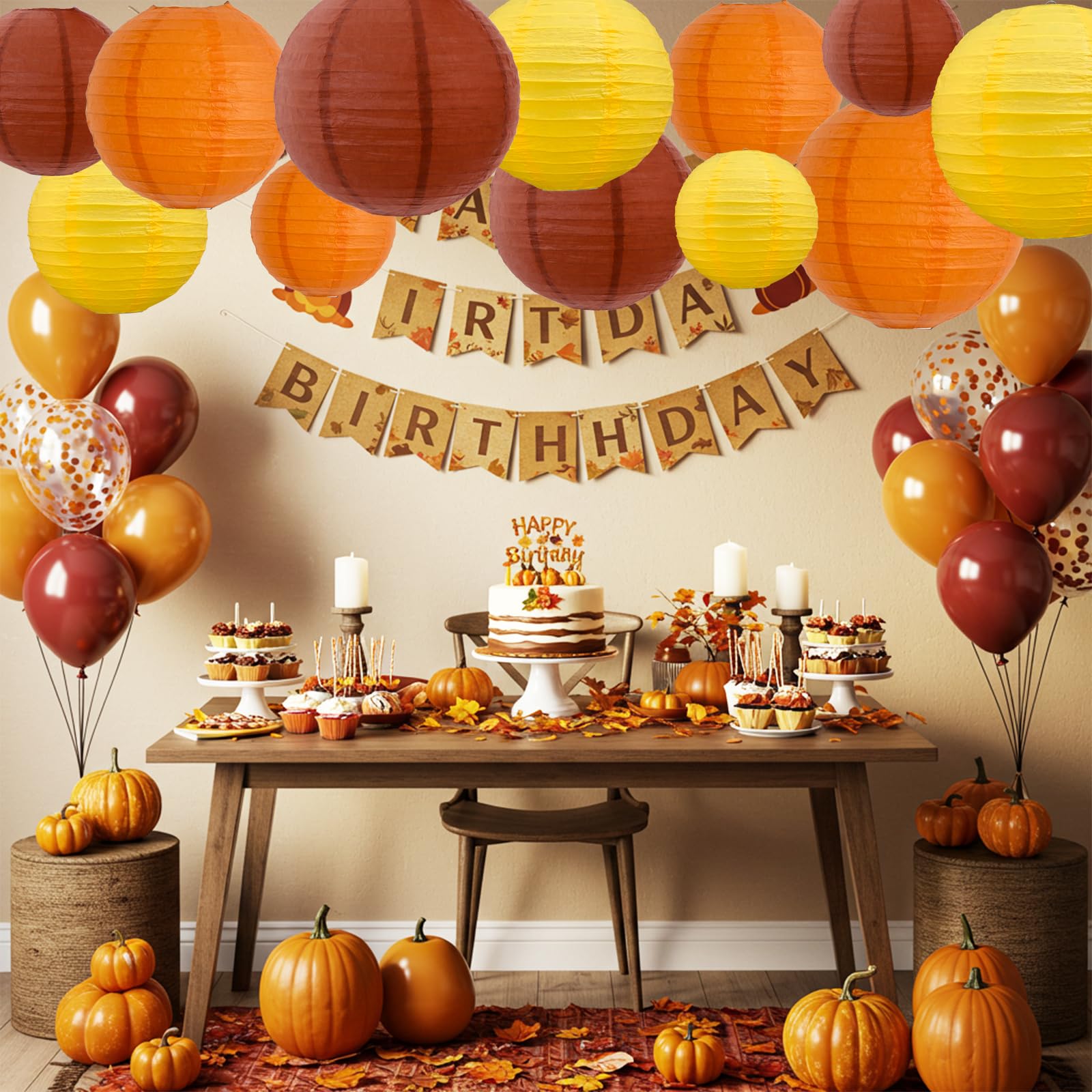 Beishida 12Pcs Fall Orange Paper Lanterns Decorative Yellow Orange Brown Hanging Round Paper Lanterns Lamp For Thanksgiving Harvest Fall Wedding Autumn Birthday Decor Outdoor Party Decoration