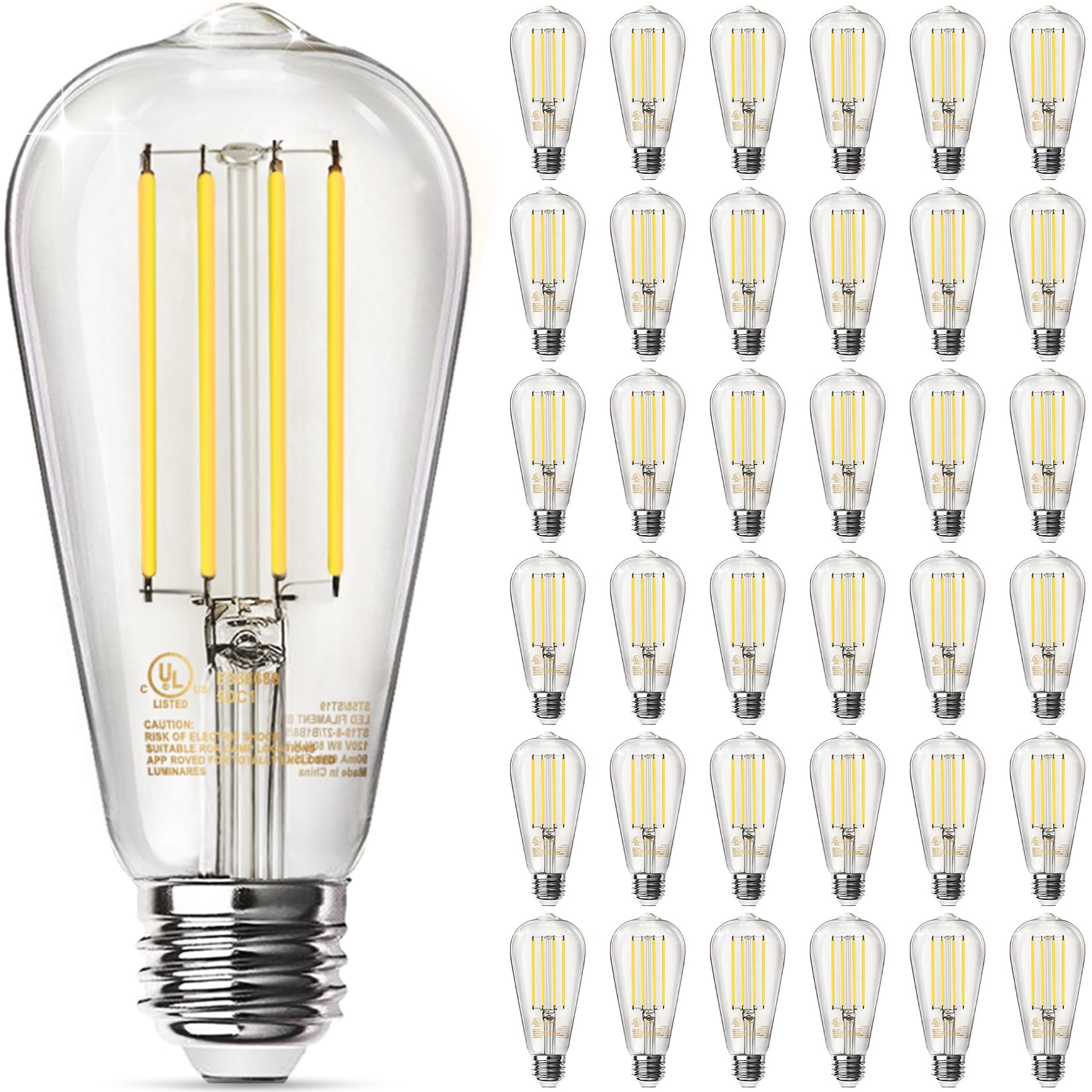 TJOY 36 Pack Vintage 8W ST58 LED Edison Light Bulbs 60W Equivalent, 800Lumens, 2700K Warm White, Dimmable, E26 Base LED Filament Bulbs, CRI80+, Antique Glass Style for Home, Bedroom, Office, Farmhouse