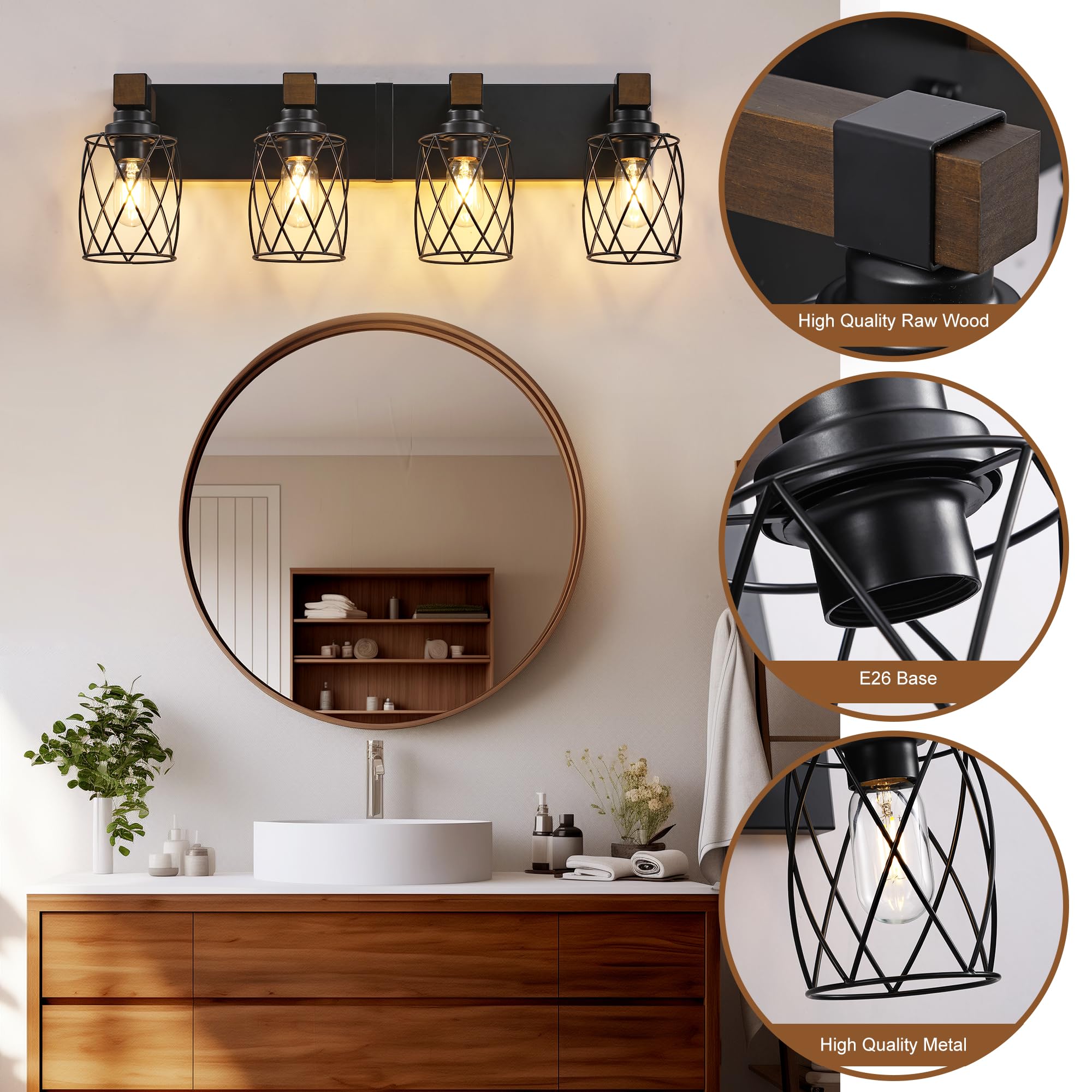 XvmBvm 4-Light Farmhouse Bathroom Vanity Light, Black Metal Fixtures for Rustic Decor, Model X3015-4