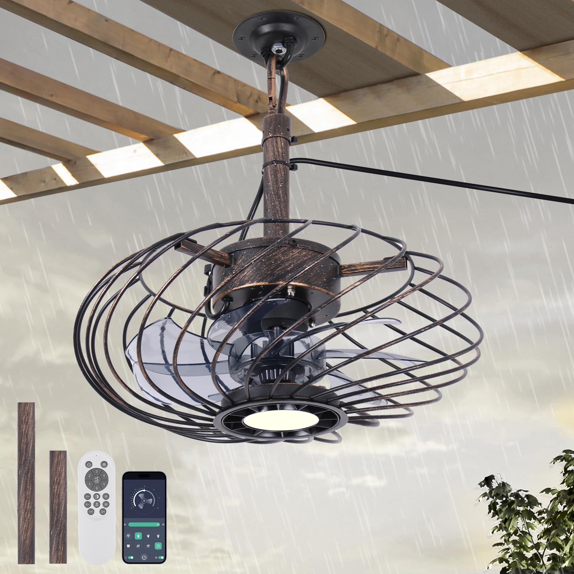 OSGNER 15in Outdoor Ceiling Fan with Light, Waterproof, Remote Control, Dimmable LED, Black Gold, Model F429-SG
