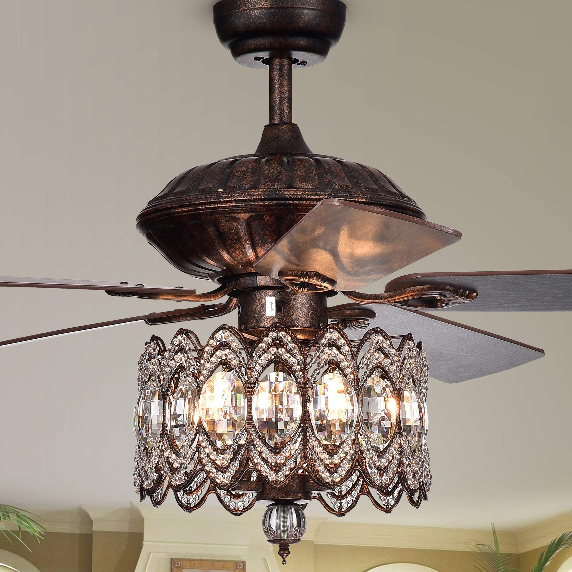 Warehouse Of Tiffany Cfl-8324Remo/Rb Copper Grove Dejes 52-In. Rustic Bronze Chandelier Crystal Shade Ceiling Fan, Brown