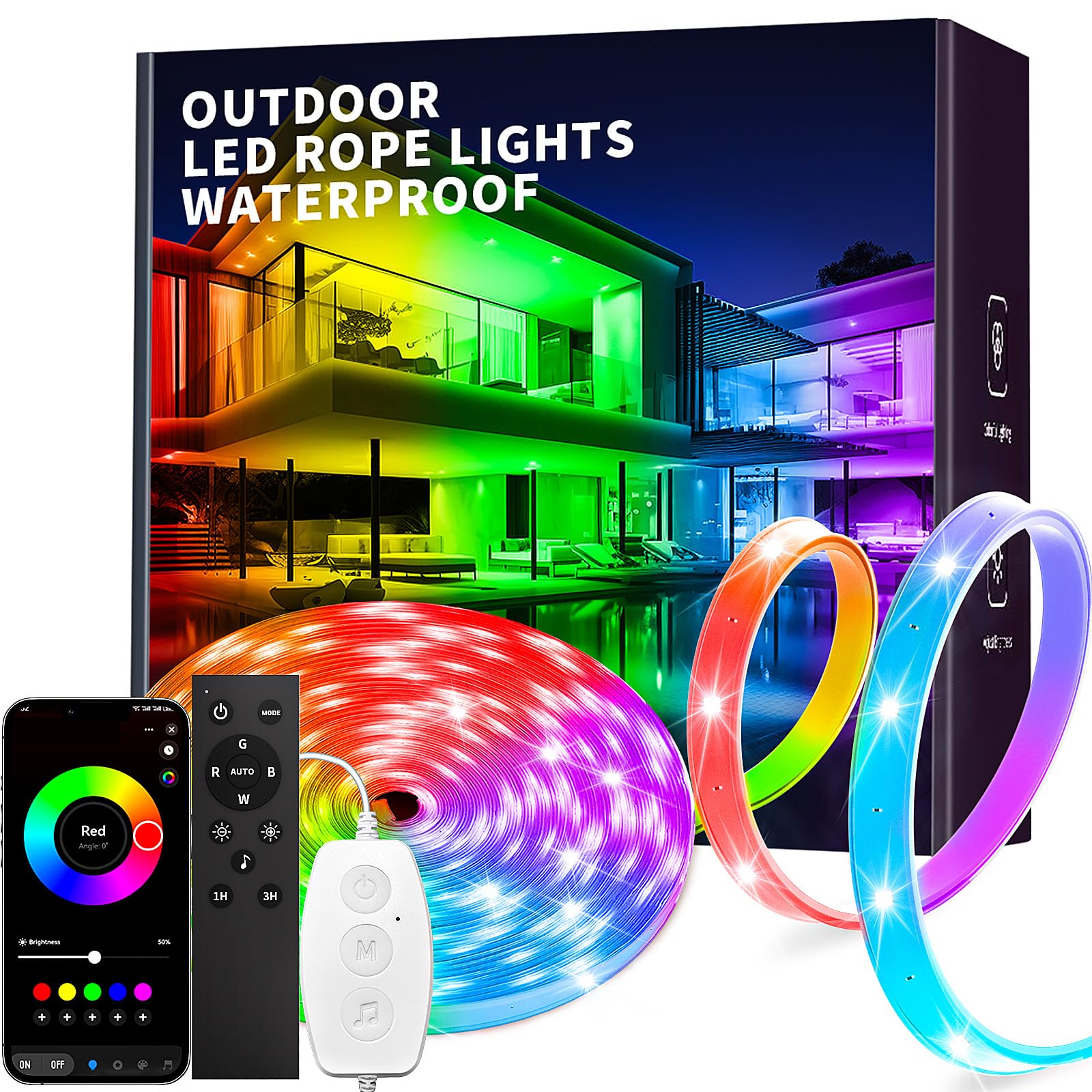 KSIPZE Outdoor led Band Lights Waterproof IP68  RGB Outdoor led Lights with Button & Bluetooth App Control  Music Sync  Timer  Exterior Led Rope Lights for Decor Balcony  Roof  Garden  Pool