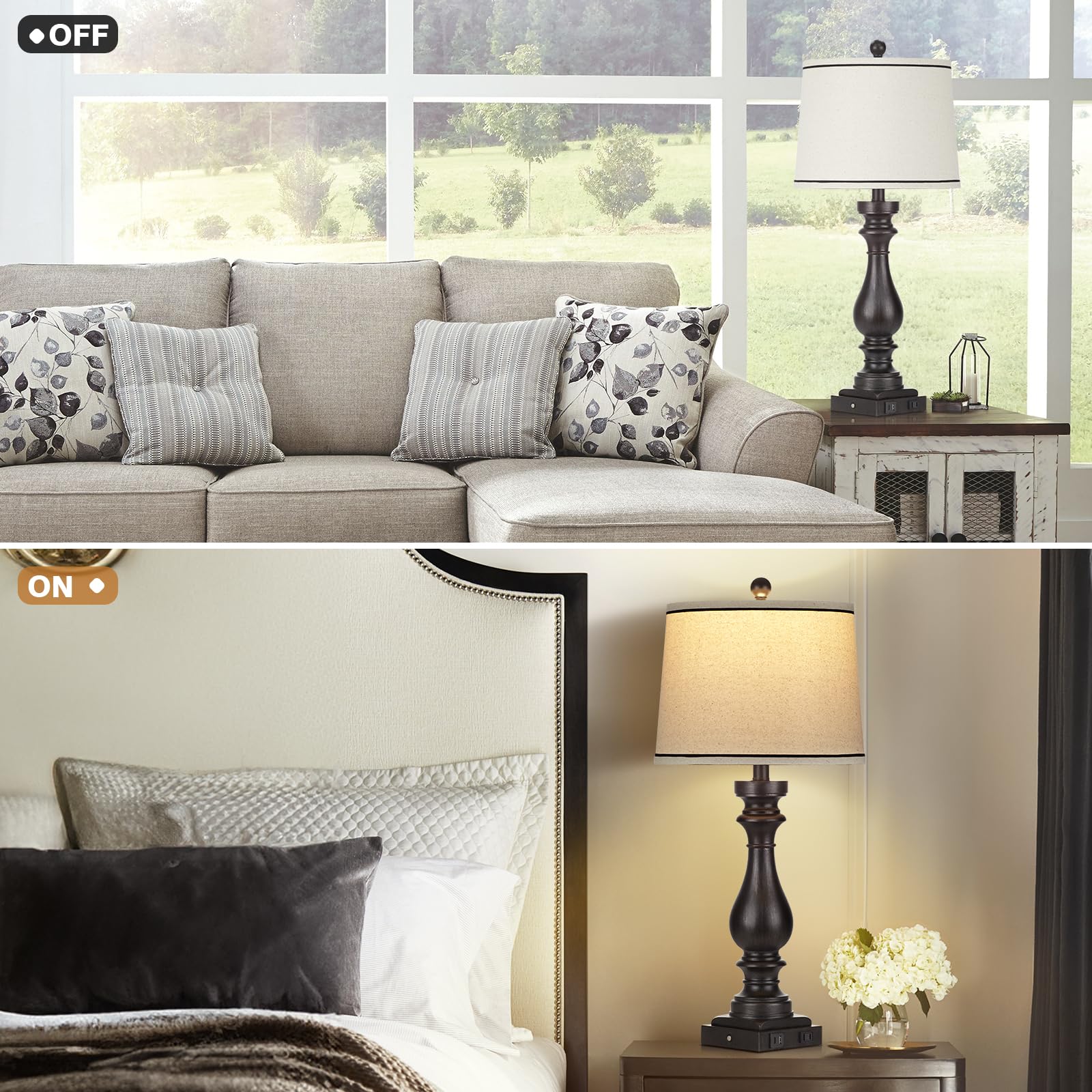 Rinweey Vintage Farmhouse Table Lamp Set of 2, 27.5" Black Resin, 3-Way Dimmable Touch Control, USB Ports, AC Outlet