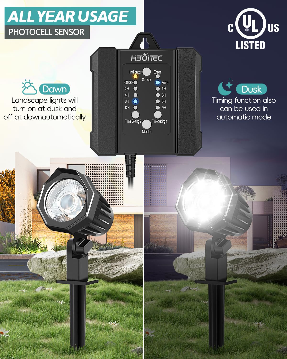 Hiboitec 100W Low Voltage Landscape Transformer With 1-12H Timer And Photocell Sensor 120V Ac To 12V Dc Weatherproof Landscape Lighting Transformers For Outdoor Led Lights Spotlight Garden Light