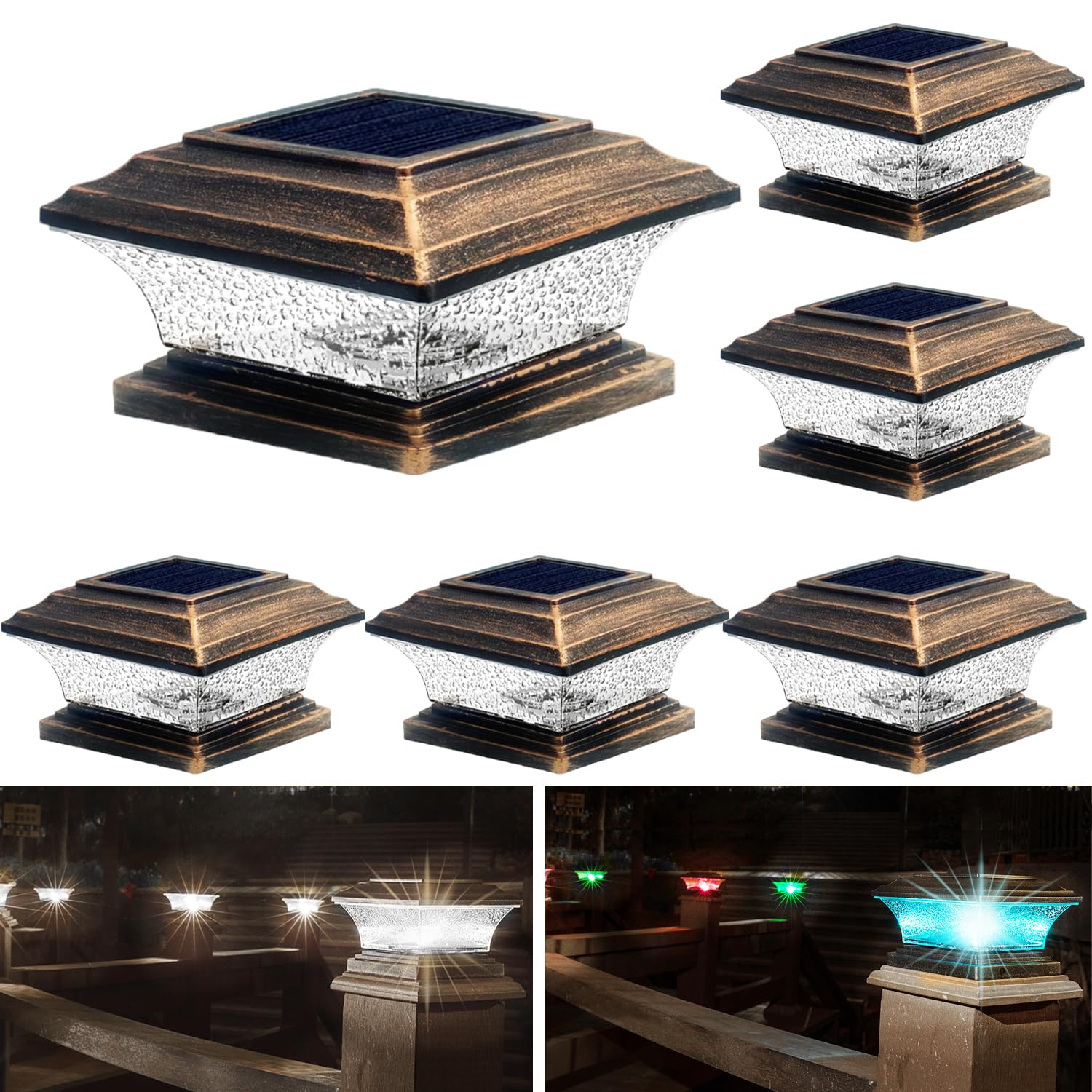 HUYIENO Solar Post Cap Lights LED, Warm White & 7 RGB Colors, 6pk, Brushed Copper, Model HY1238C-6