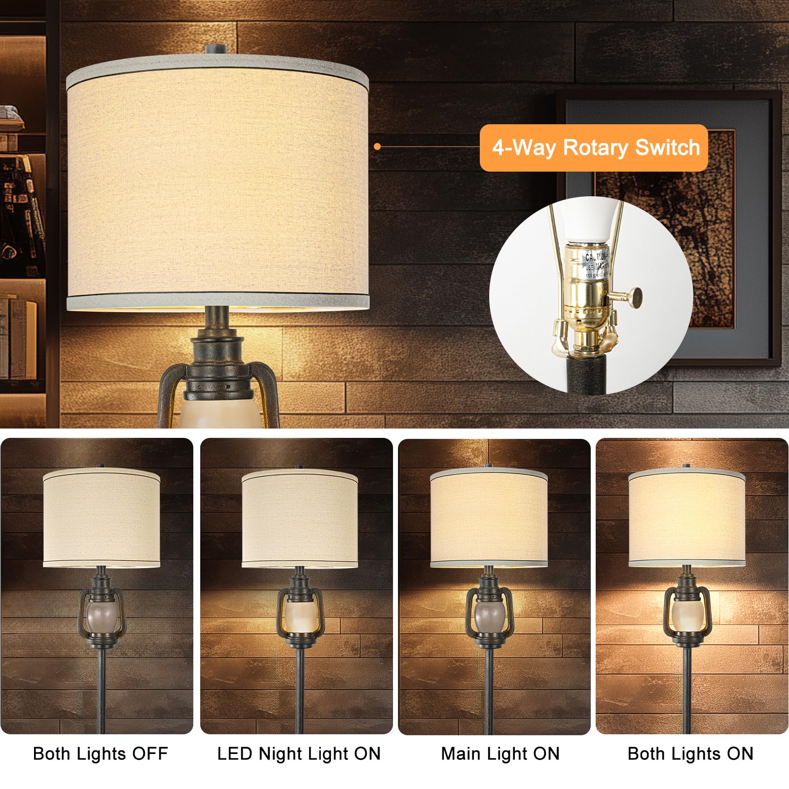 Farmhouse Lantern Floor Lamp With Tray For Living Room With Nightlight Vintage Tall Lamp With Linen Fabric Shade Industrial Stan