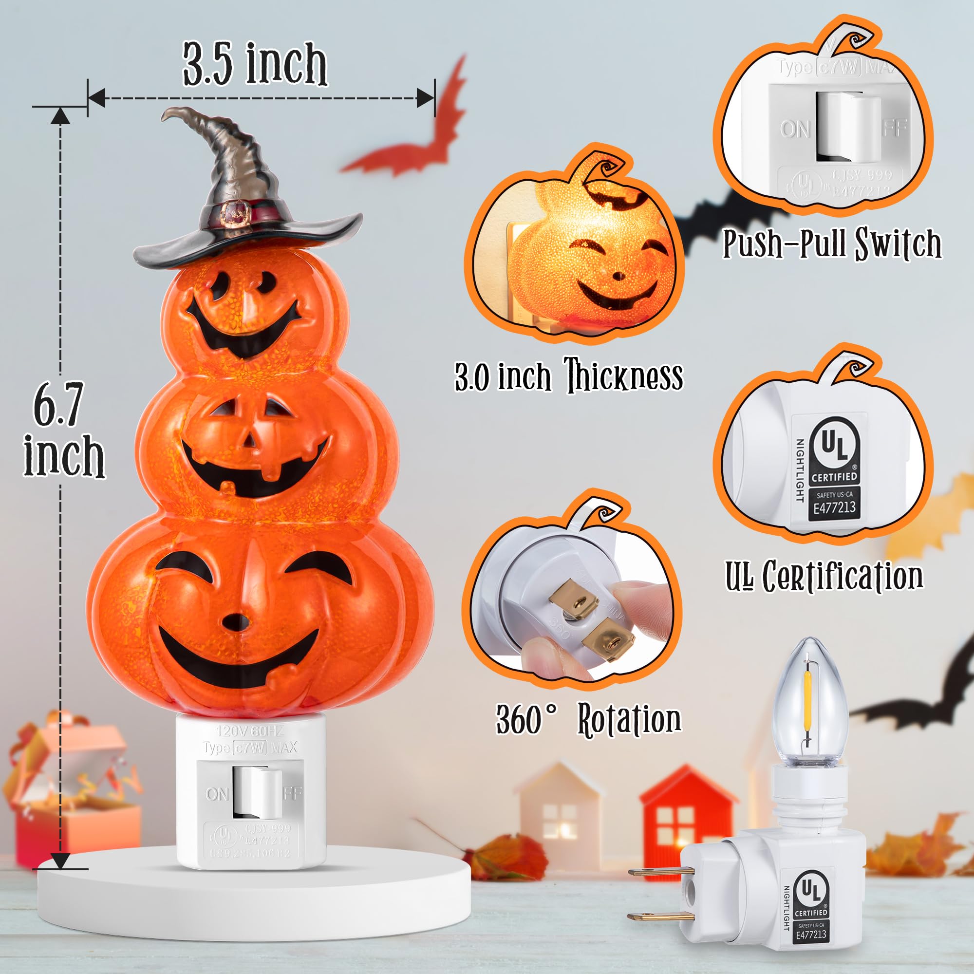 Meonum Halloween Pumpkin Bubble Night Light Plug Into Wall, Bright Orange Pumpkin Fall Seasonal Light Powered by C7 LED Bulb Dec