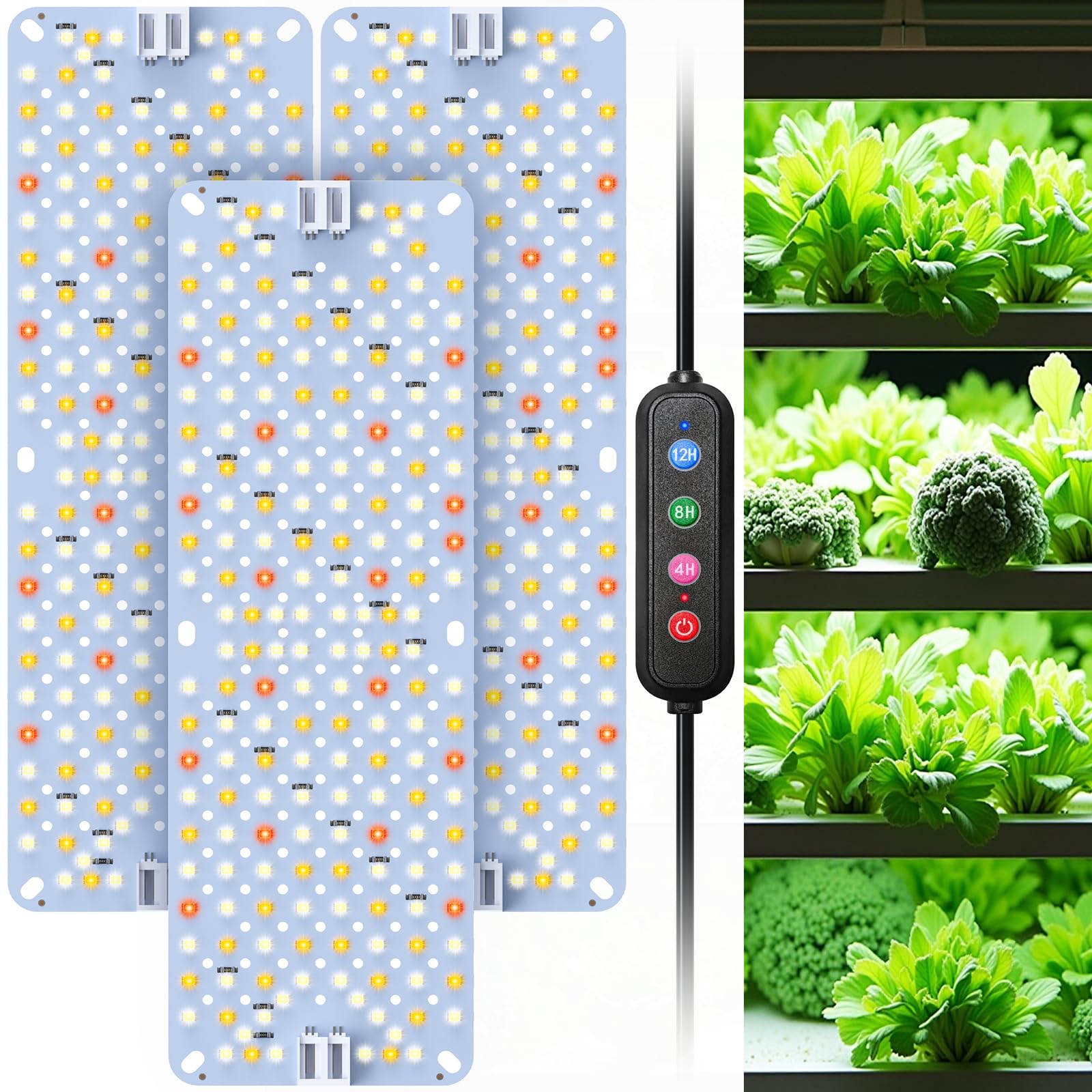 Sdovuerc 36W(Acutal Power) Full Spectrum Grow Lights For Indoor Plants - 4/8/12/16/20H Timer  192 Leds Per Panel  Daisy Chain Wide Lighting Area For Seed Starting(Pack3)