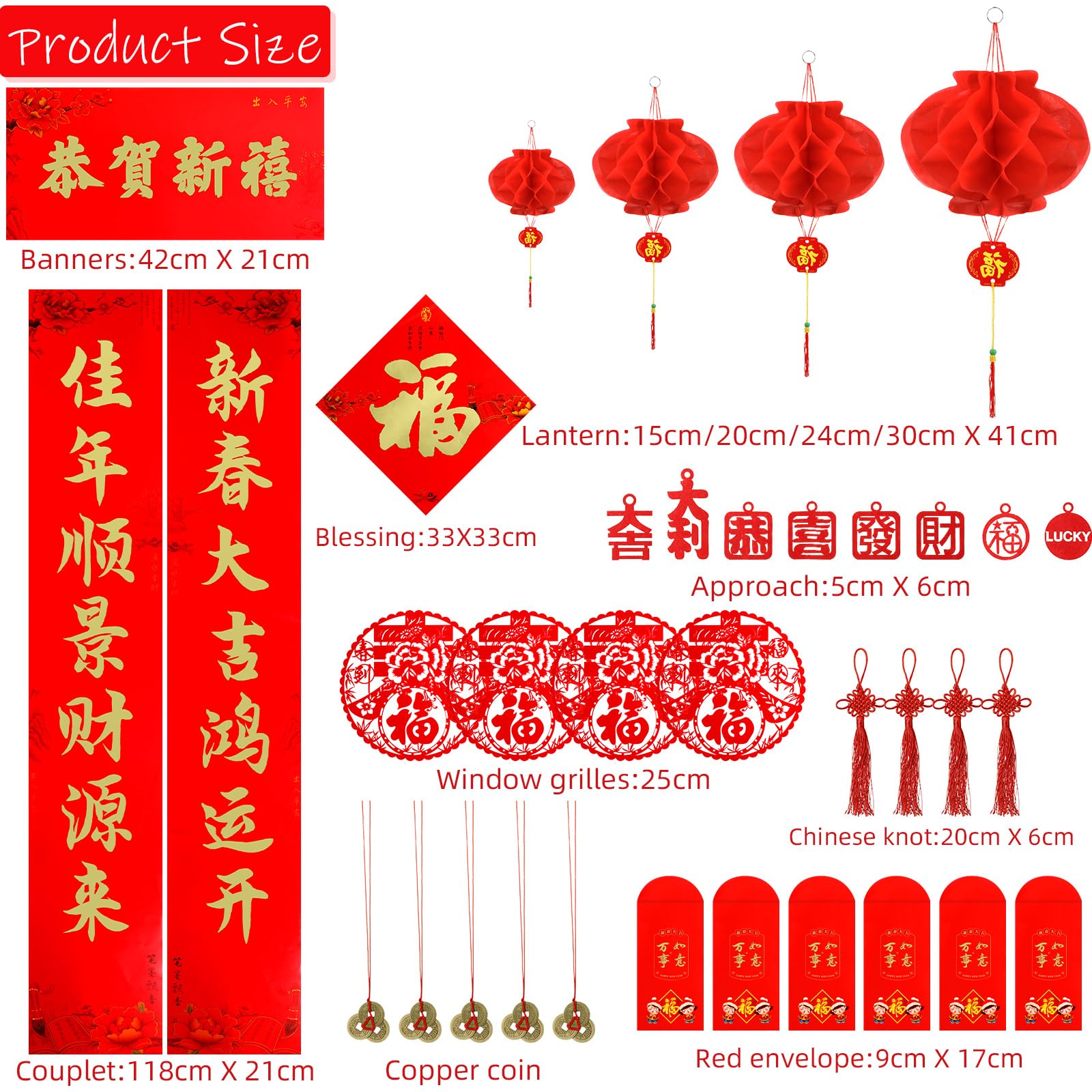Zonon 47 Pcs Chinese New Year Decorations 2025, Lunar New Year Paper Includes Fu Character Window Stickers Red Hanging Lanterns