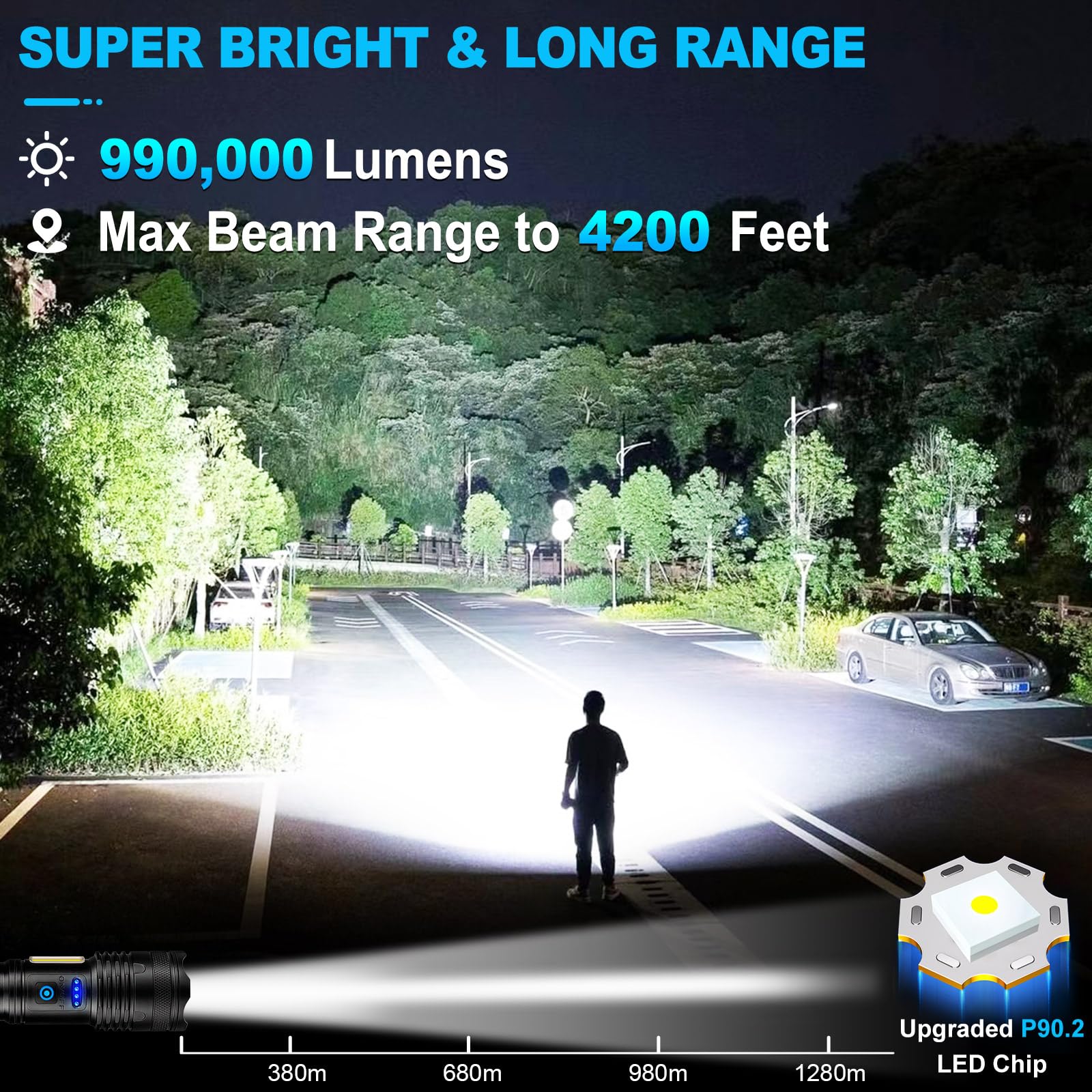 Alicegirl Rechargeable Flashlight 99000LM - Super Bright, Waterproof, Adjustable 8 Modes, Aluminum, Black, Model M111-COB