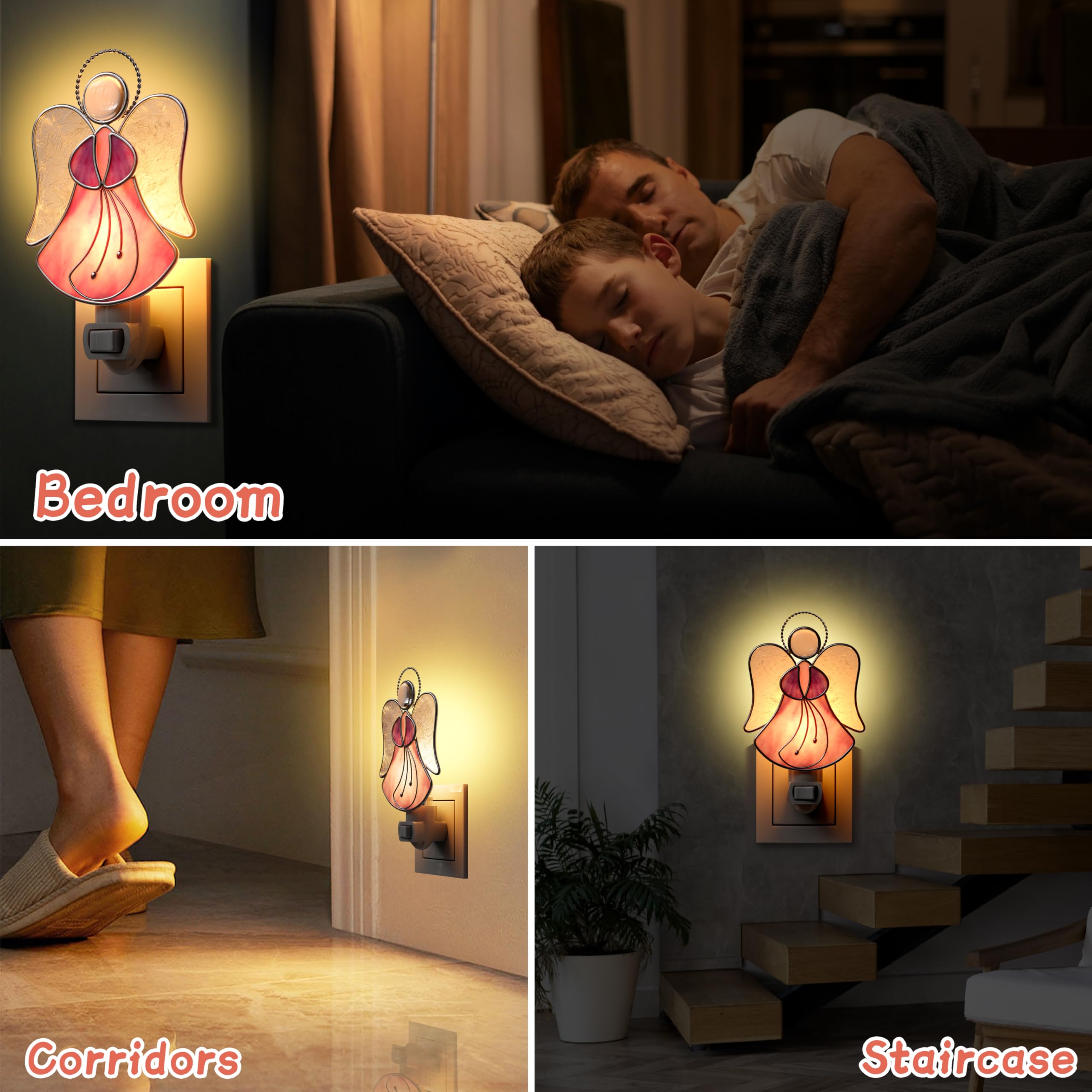 Kundgla Night Lights Plug Into Wall,Stained Glass Angel Nightlight Plug In,Decorative Night Light For Bedroom, Bathroom, Hallway, Kids Room Stairway - Pink Angel