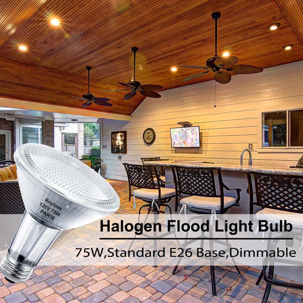 Rnyloas PAR30 Long Neck Flood Light Bulbs, Dimmable, 75W, Clear Glass, E26 Base, 6-Pack, High Brightness, Warm White