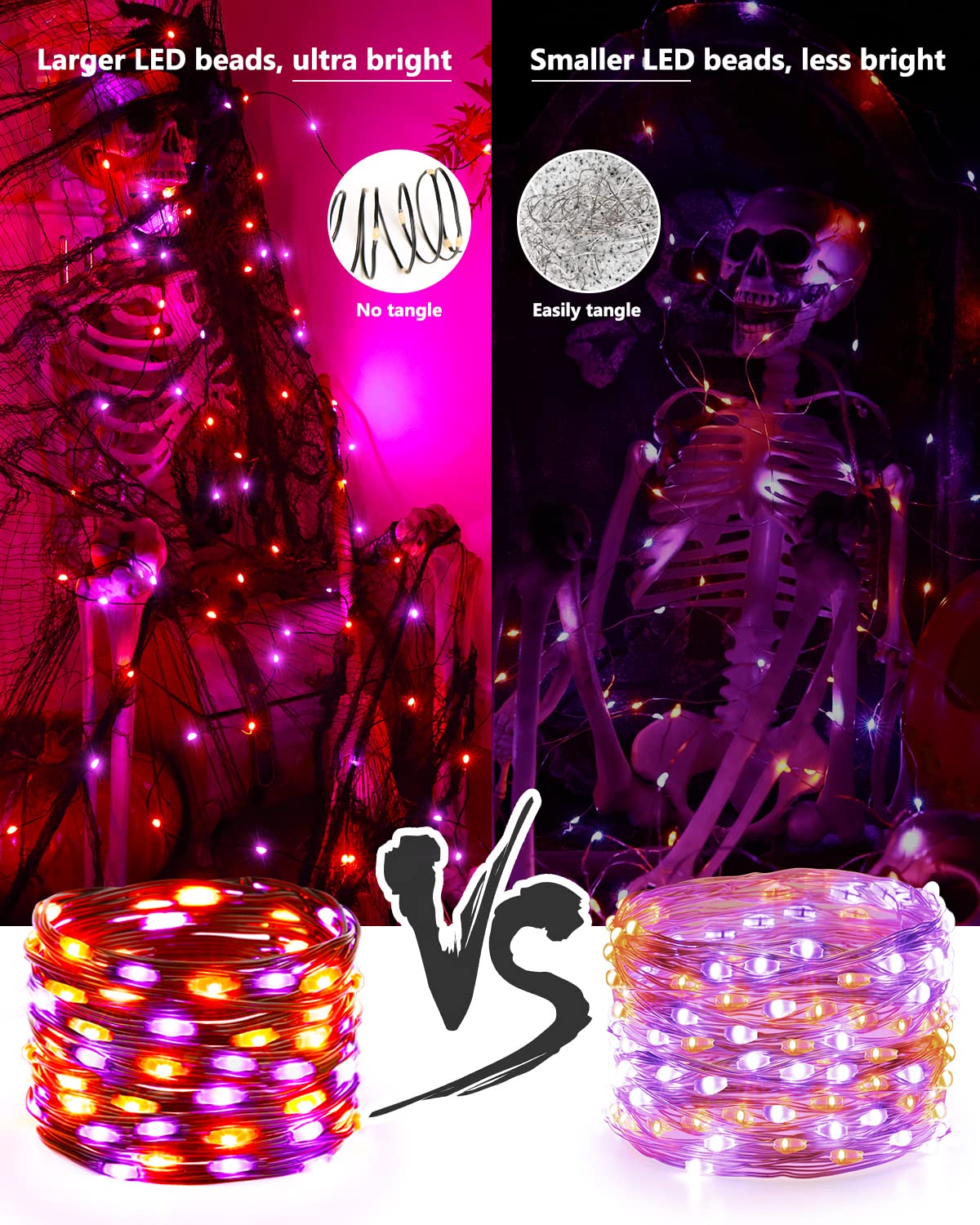 Brizled Halloween Lights, 50 LED, 17.38ft, Battery Operated, Timer, 8 Modes, Black Wire, Purple & Orange, Indoor Outdoor Decor
