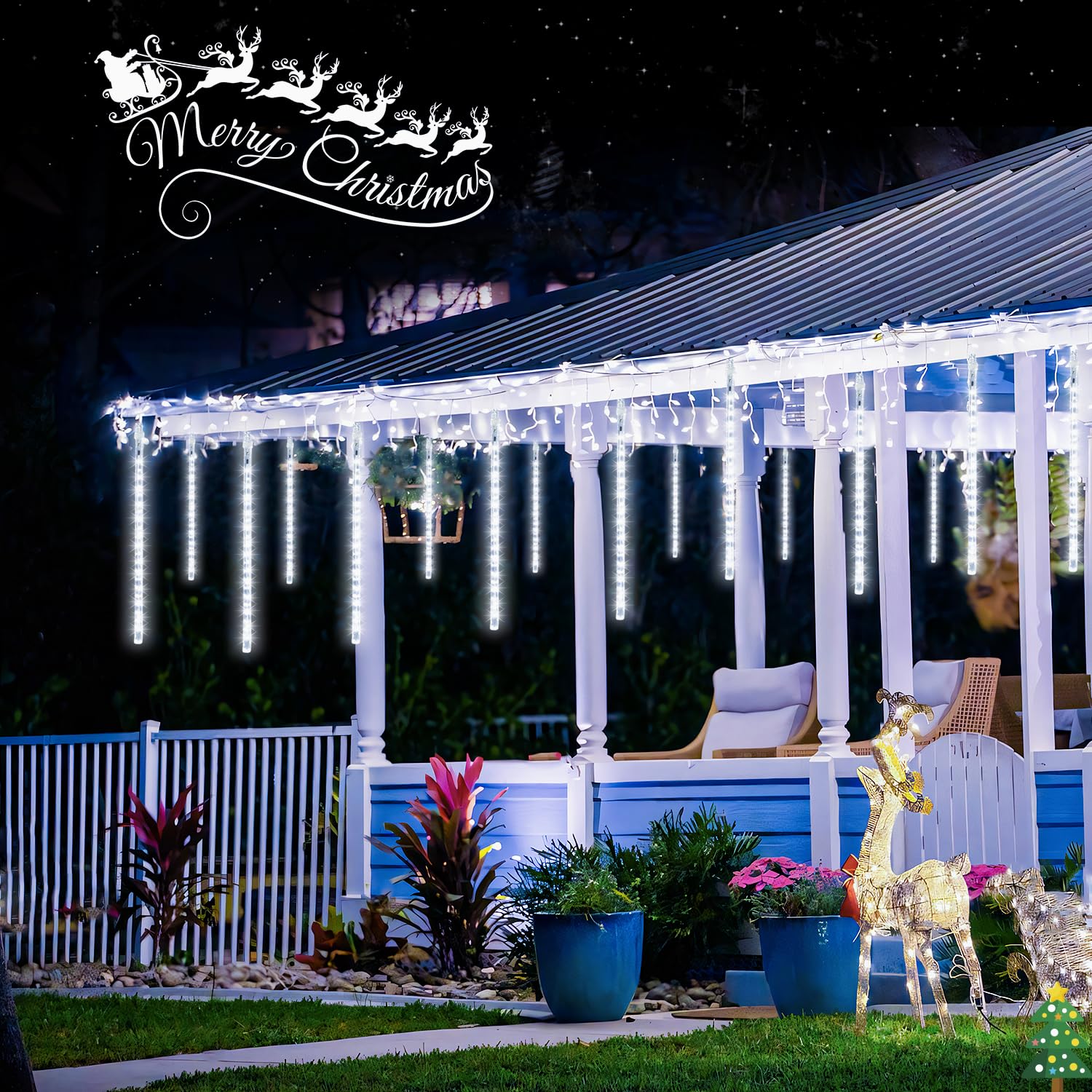 Jmexsuss 2 Pack Solar Christmas Meteor Shower Lights, 16 Tube 288 Led White Solar Christmas String Lights Outdoor Waterproof For Tree Patio Garden Wedding Party Decorations