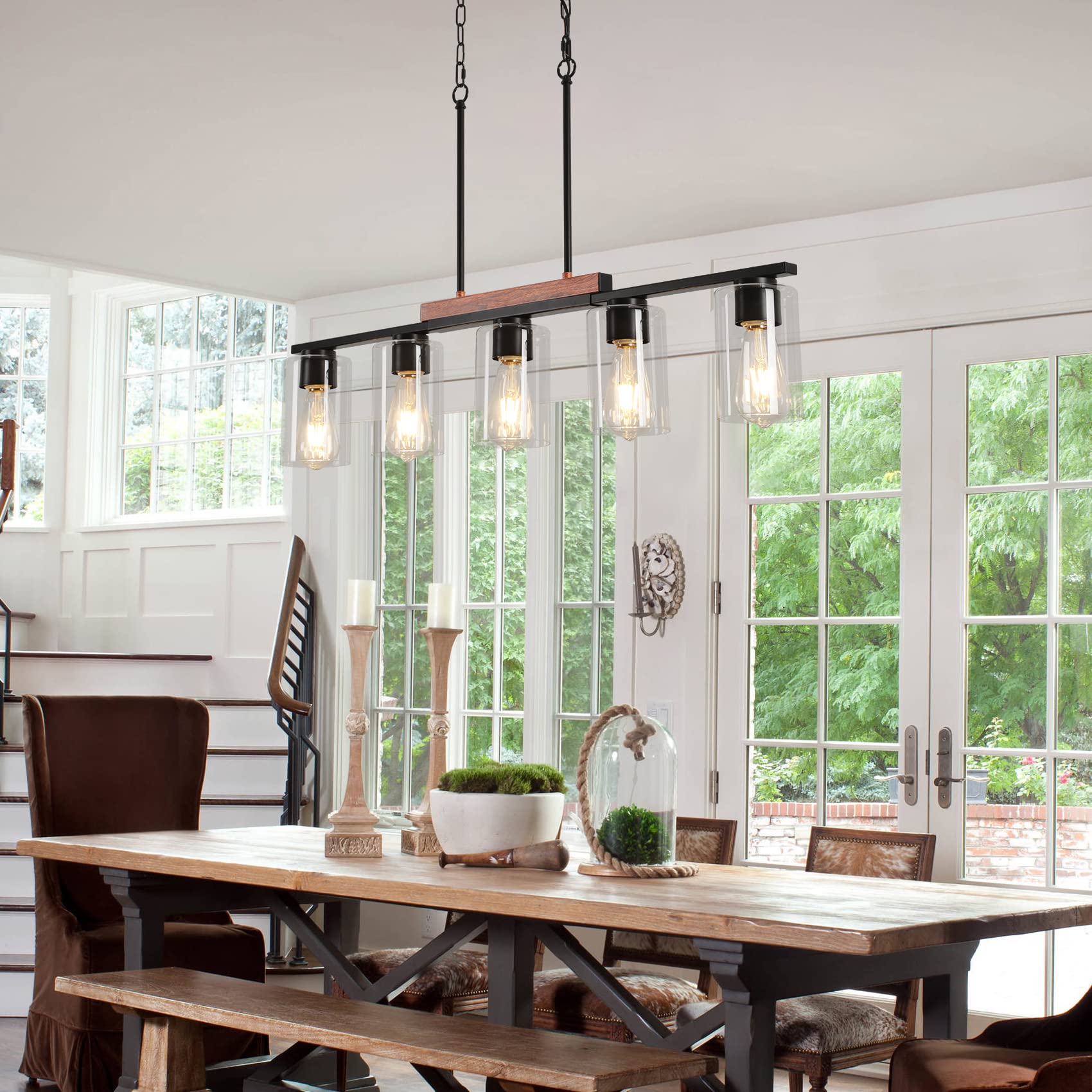 Wilon Kitchen Island Lighting, 5-Light Dining Room Light Fixture Over Table, Glass Shade Pendant Lighting For Kitchen Island Far