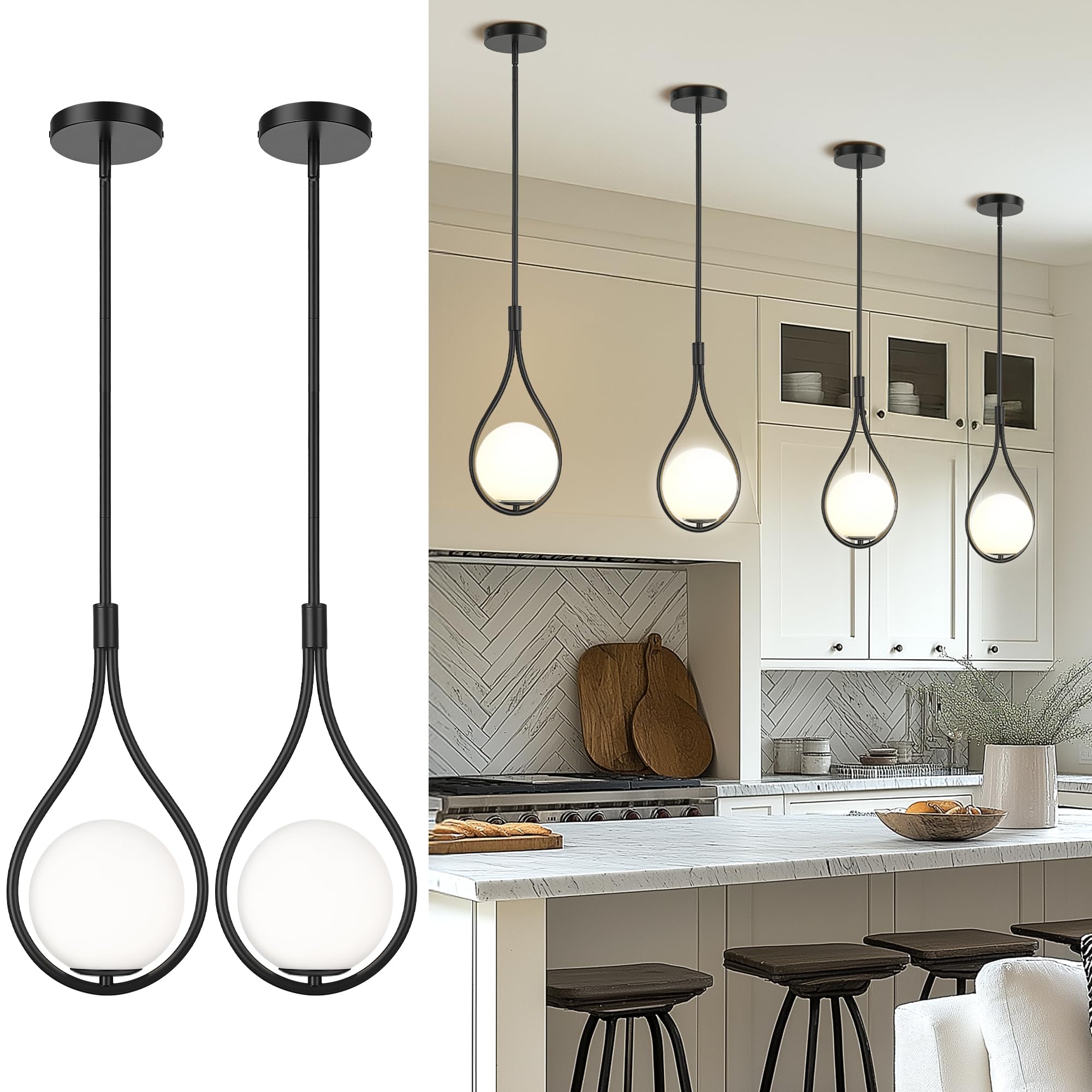 AUTELO 2 Pack Pendant Lights Kitchen Island, Modern Pendant Lights in Black Finish with Milky White Globe Glass, Black Pendant L