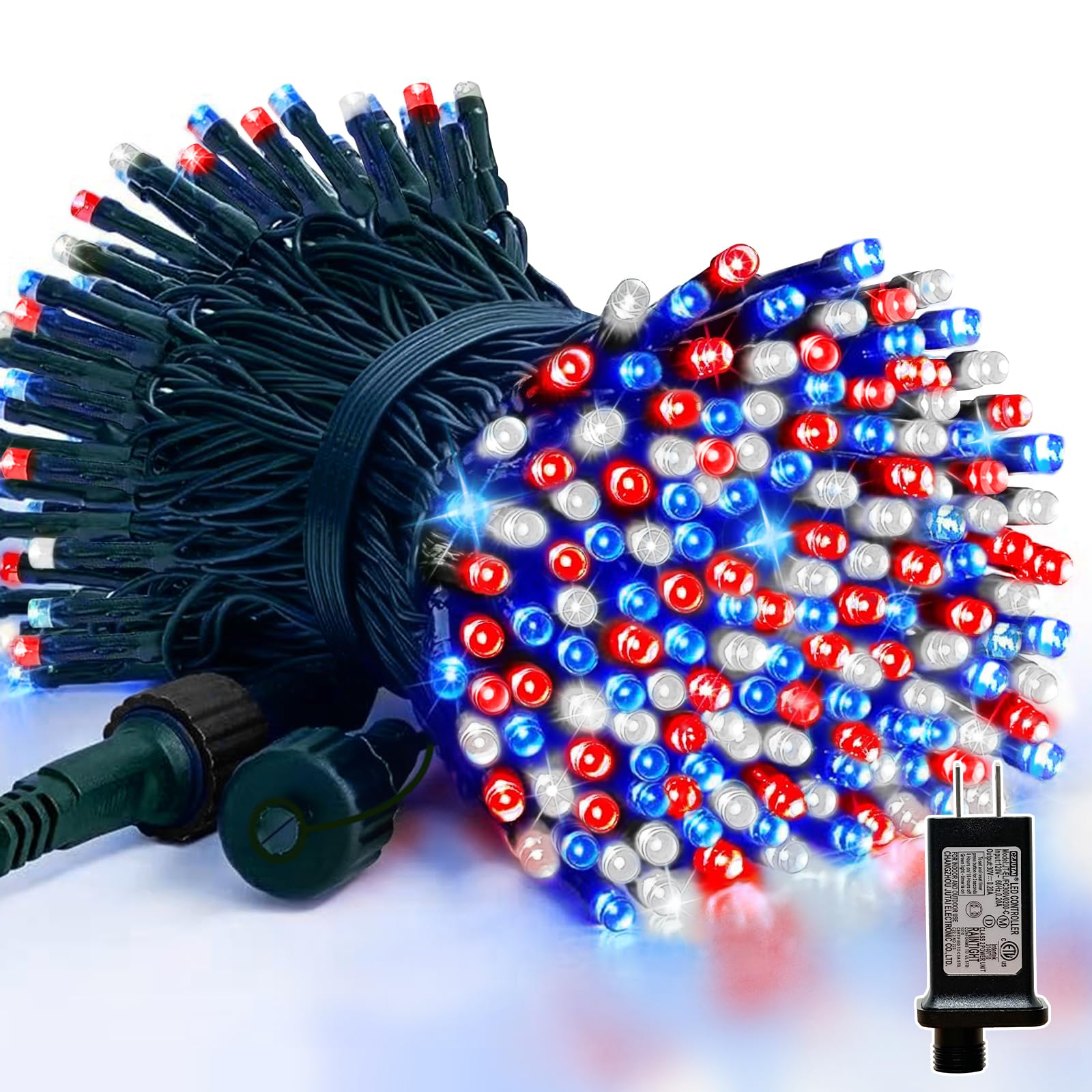LAMPHOME 33ft String Lights, 100 LED Copper Mini Lights, Red White Blue, 11 Modes, Model YHLL-100F
