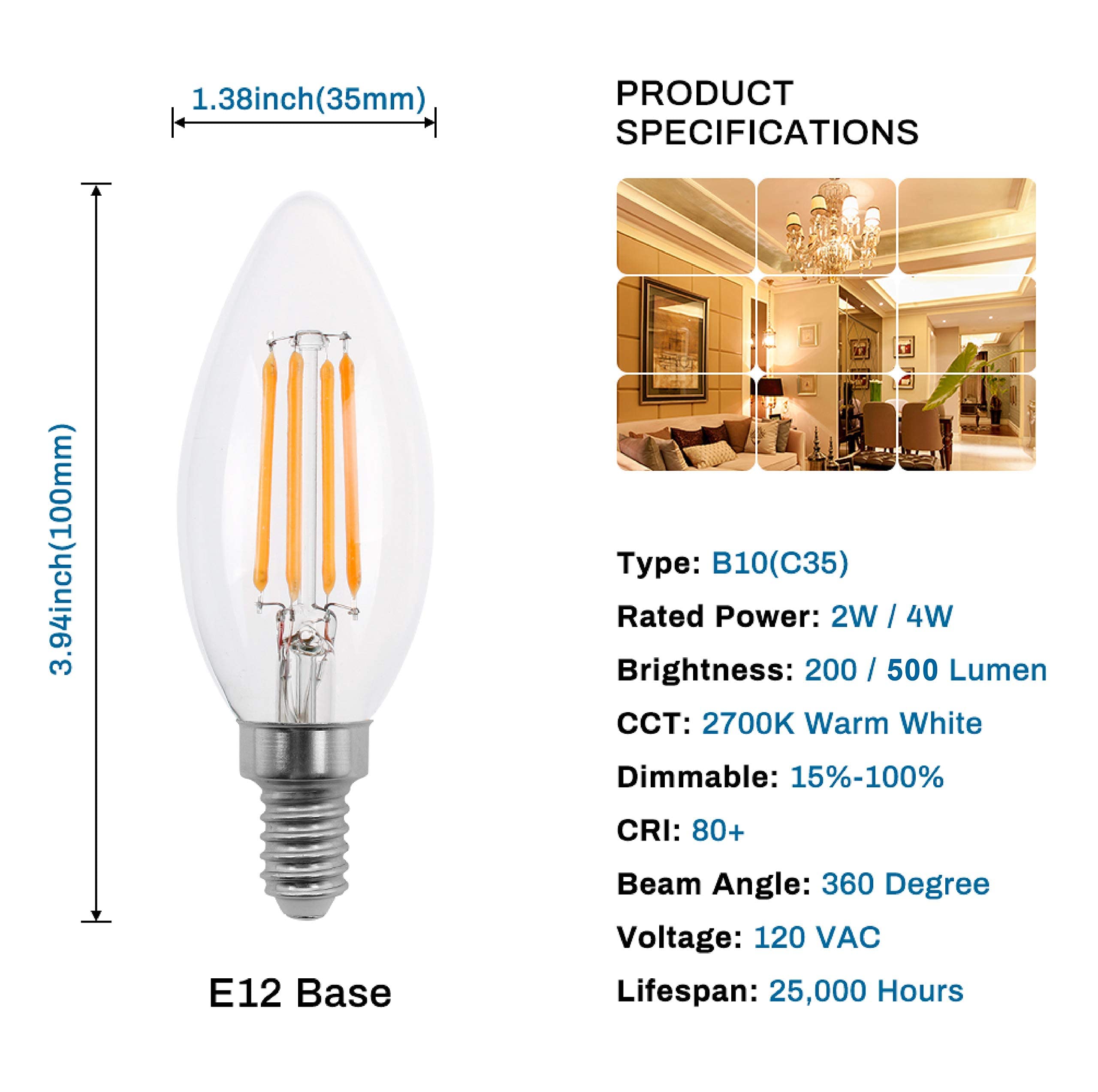 New Lights E12 Candelabra Led Bulbs Dimmable 20W Equivalent Clear Glass 6 Pack