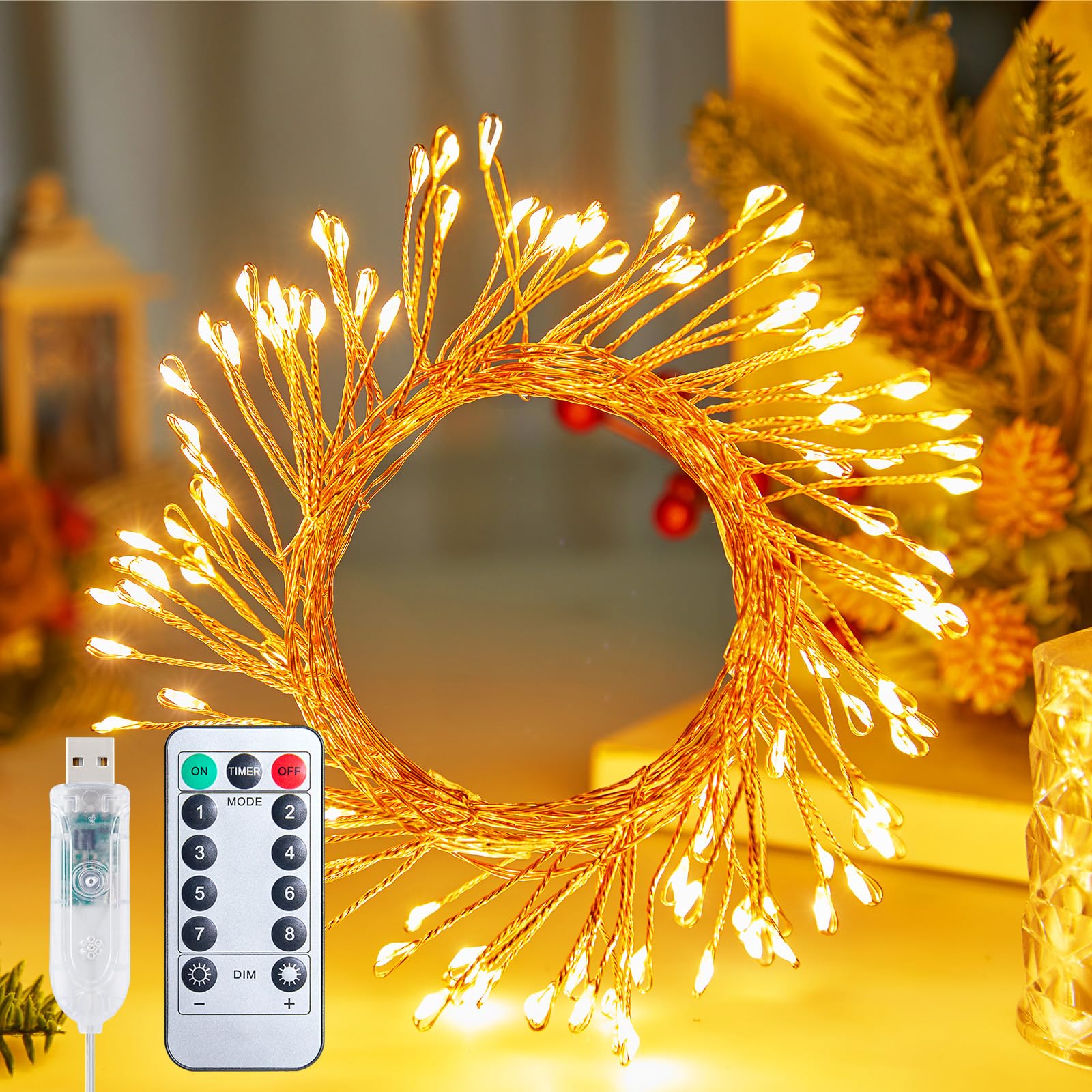 Fairy Lights 5Ft 100LEDs USB Twinkle String Lights Plug in Silver Wire with Remote and Timer, 8 Mode Waterproof Firecracker Starry Lights Wreath DIY Party Wedding Christmas Decoration, Warm White