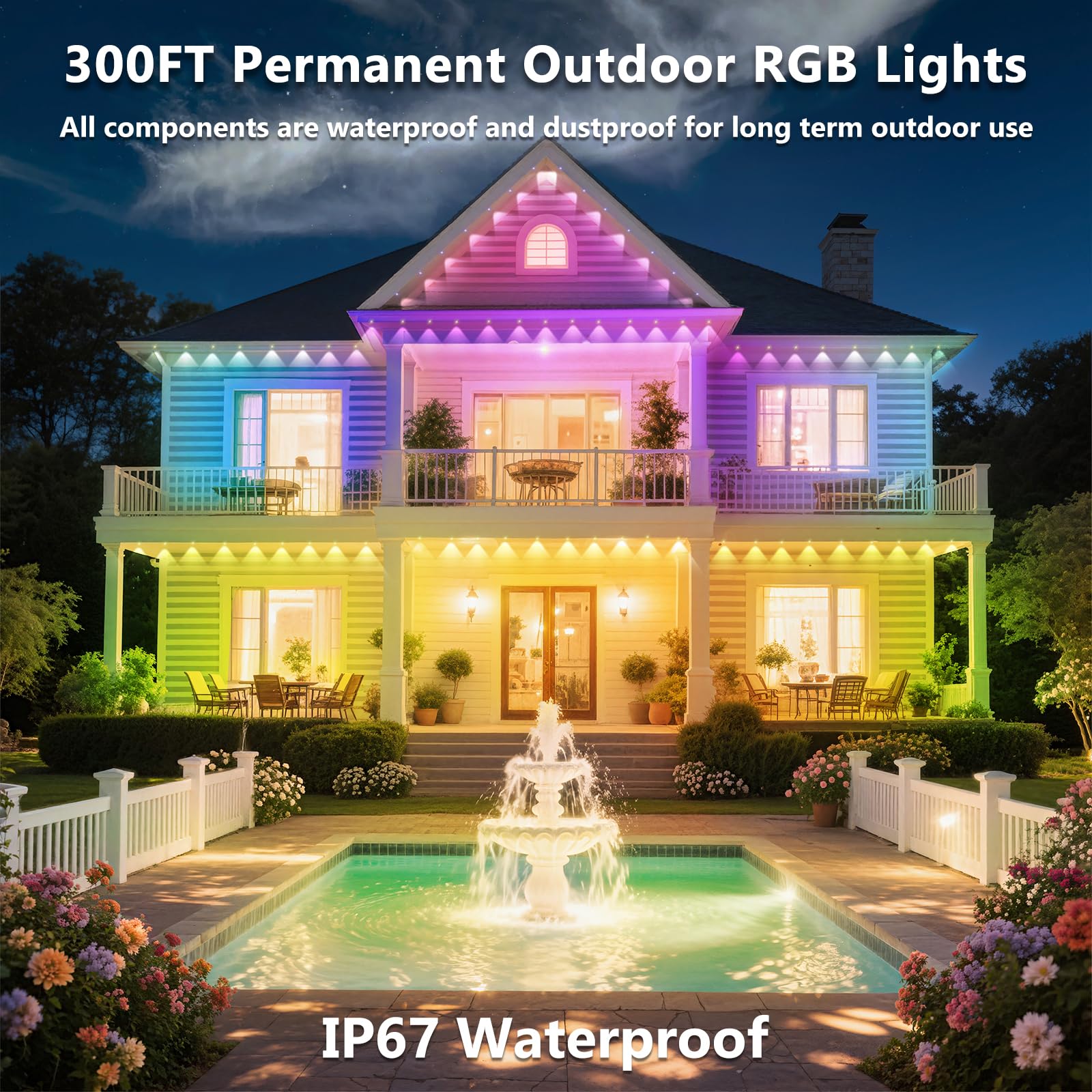 CETELUMA 300FT RGB Outdoor String Lights, IP67 Waterproof, Smart Control for Eaves, Holiday & Daily Decor