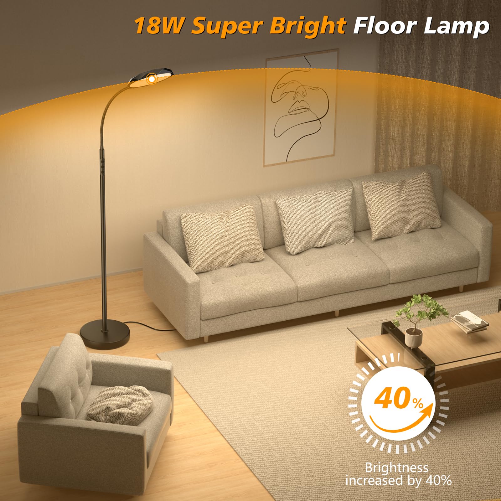 PACOVY Floor Lamp LED 18W Adjustable Colors & Dimmer Remote Control Black FLL-018-F5