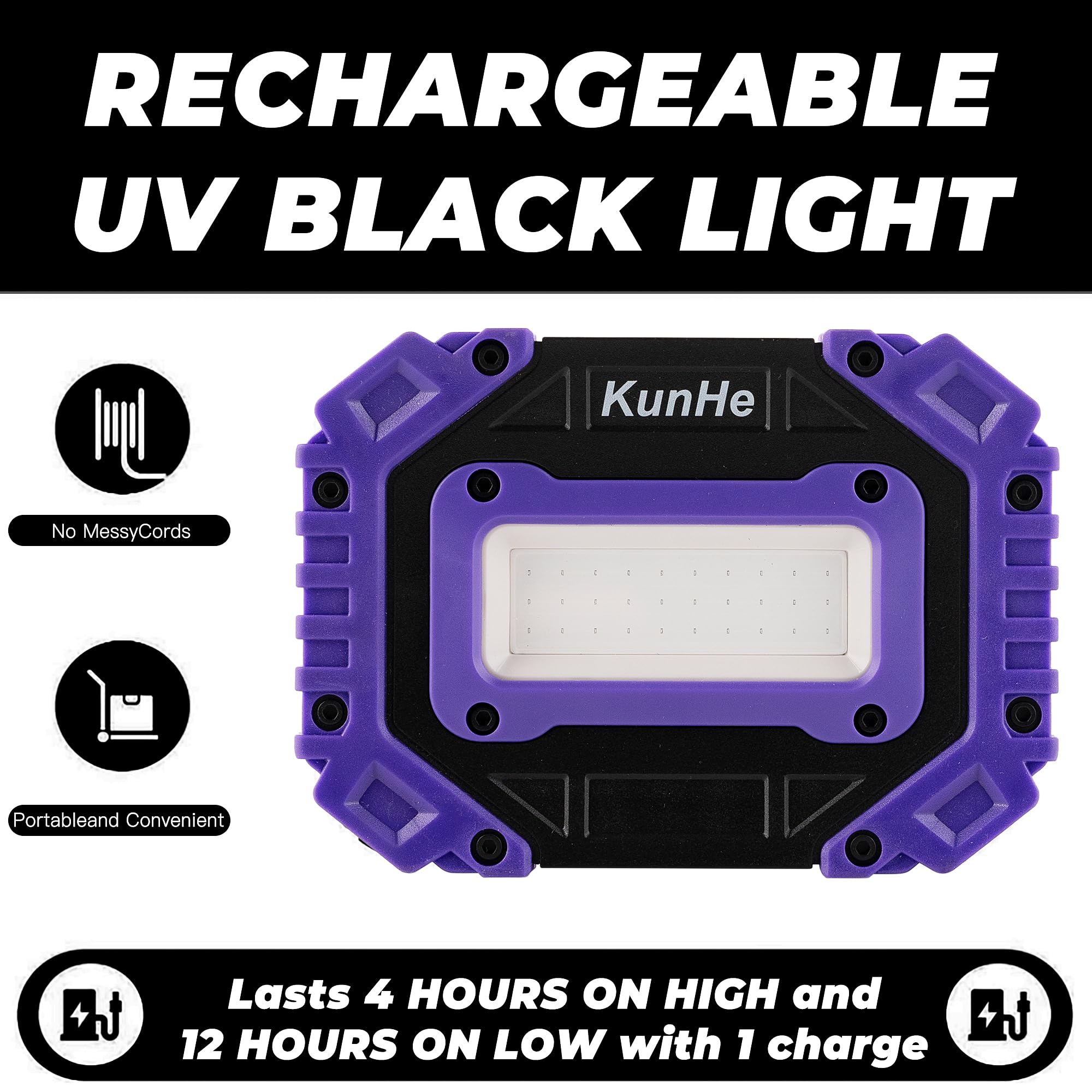 Kunhe Rechargeable Black Light,Portable Battery Powered Blacklight Lamp,Cordless 395Nm Floodlight For Night Fishing,Dark Glow Pa