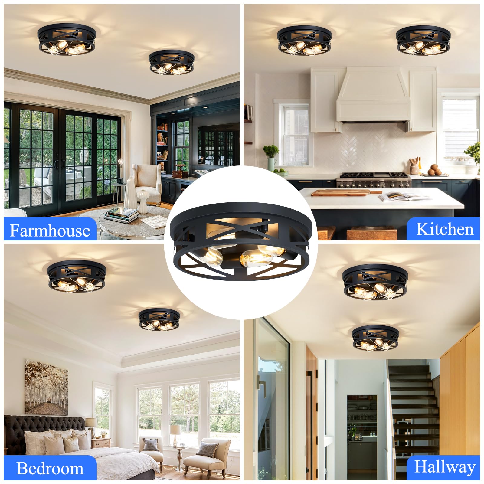 Skejao Flush Mount Ceiling Light Fixture,14 Inch 4-Light Ceiling Light Fixture For Hallway, Black Hallway Light Fixtures Ceiling