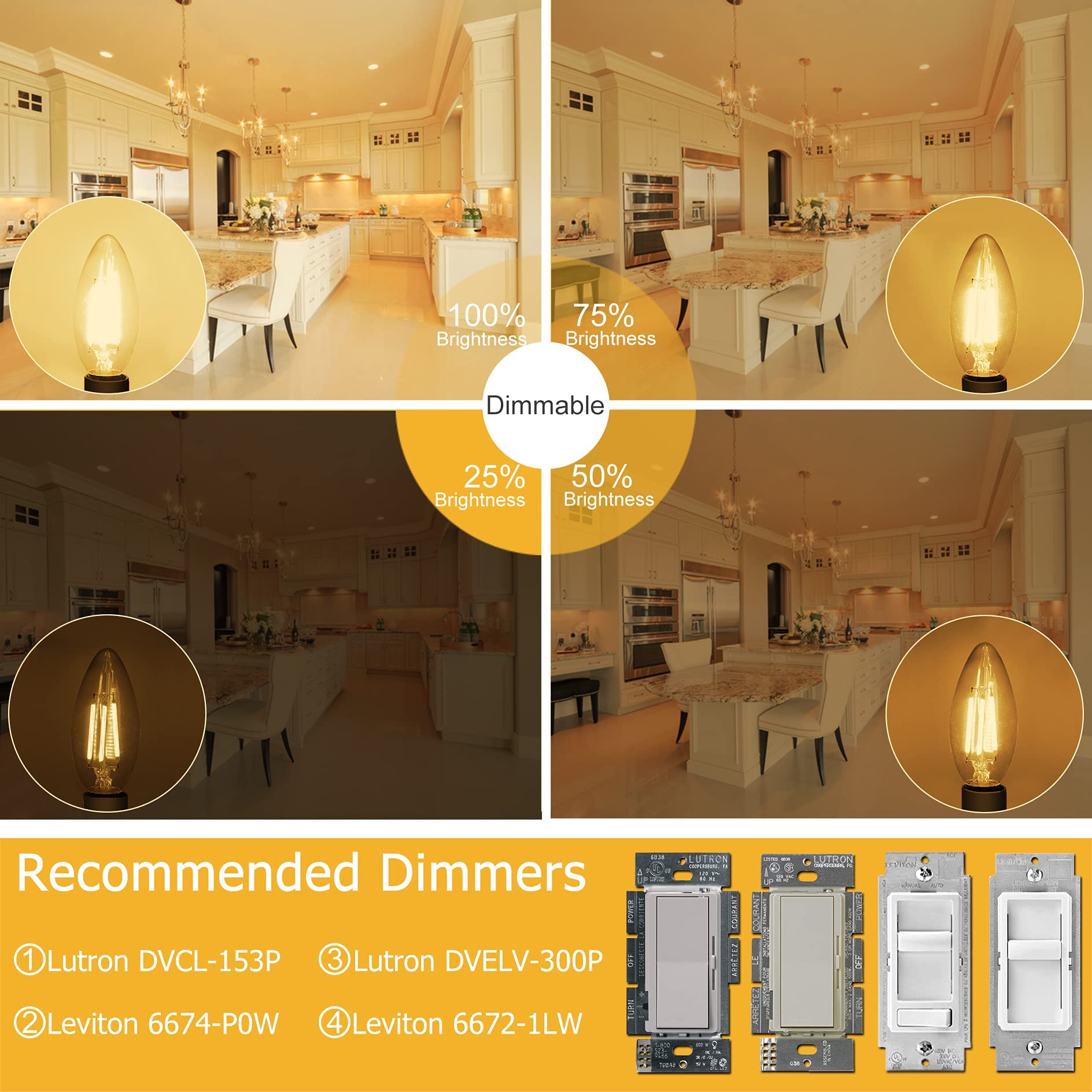 Cotanic Led Candelabra Bulb Dimmable 2700K Soft Warm White, E12 Small Base Type B Light Bulb 60W Equivalent, B11 Candle Light Bu