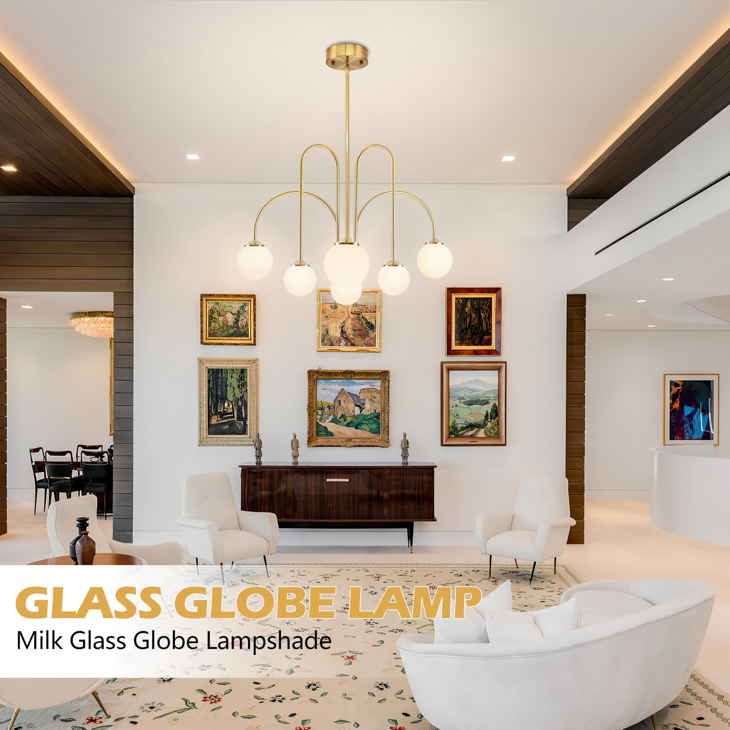 Bagood 6-Light Sputnik Chandelier, Opal Gold, Metal, 29.5" Dimmable with Milk Glass Shade, Model DGQ-U06-NJ