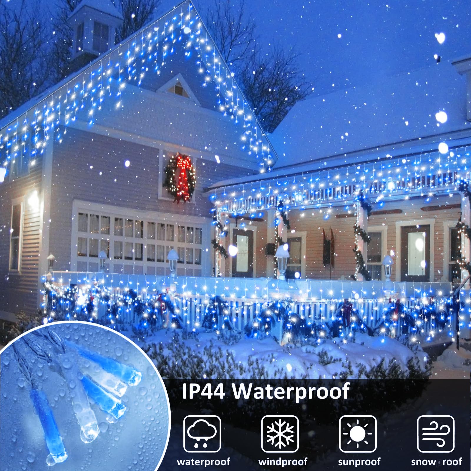 Xmasbokeh 33Ft 400 Led Christmas Lights Outdoor, Icicle Lights With 8 Modes 75 Drops, Waterproof Plug In Curtain String Lights For Indoor House Room Patio Party Wedding Decorations, Blue And White
