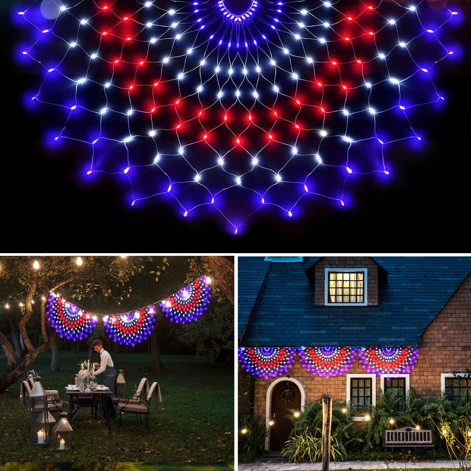 3 Packs American Flag Lights Outdoor  4x2 FT Half Fan Shape Patriotic Net Light with 8 Modes, 150 LED Red White and Blue Lights