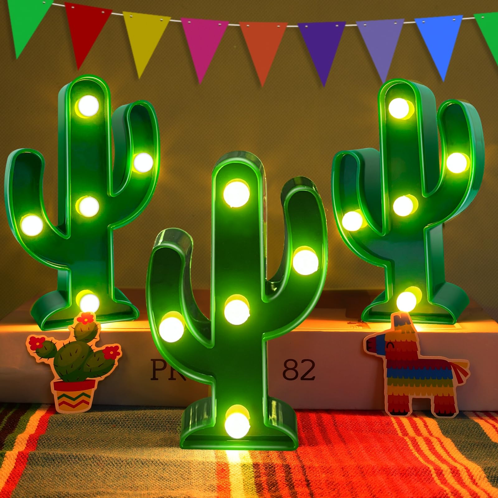 TURNMEON 3 Piece Cactus Decor LED Cactus Light Fiesta Decorations, Fiesta Mexican Party Decorations Green Cactus Night Light Cut