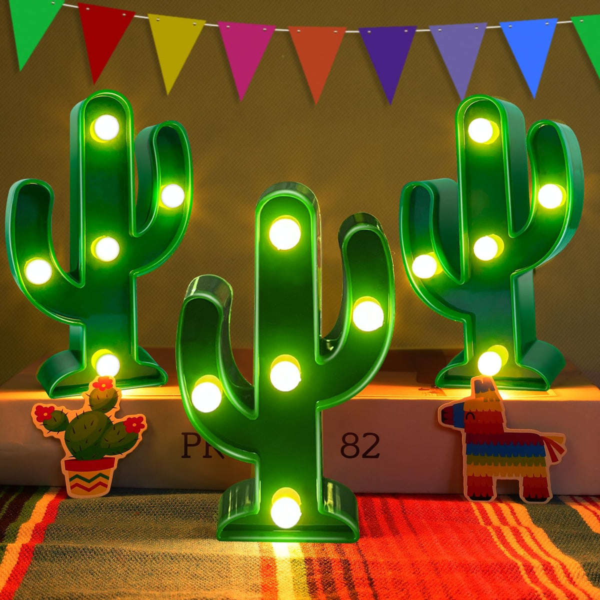 TURNMEON 3 Piece Cactus Decor LED Cactus Light Fiesta Decorations, Fiesta Mexican Party Decorations Green Cactus Night Light Cut